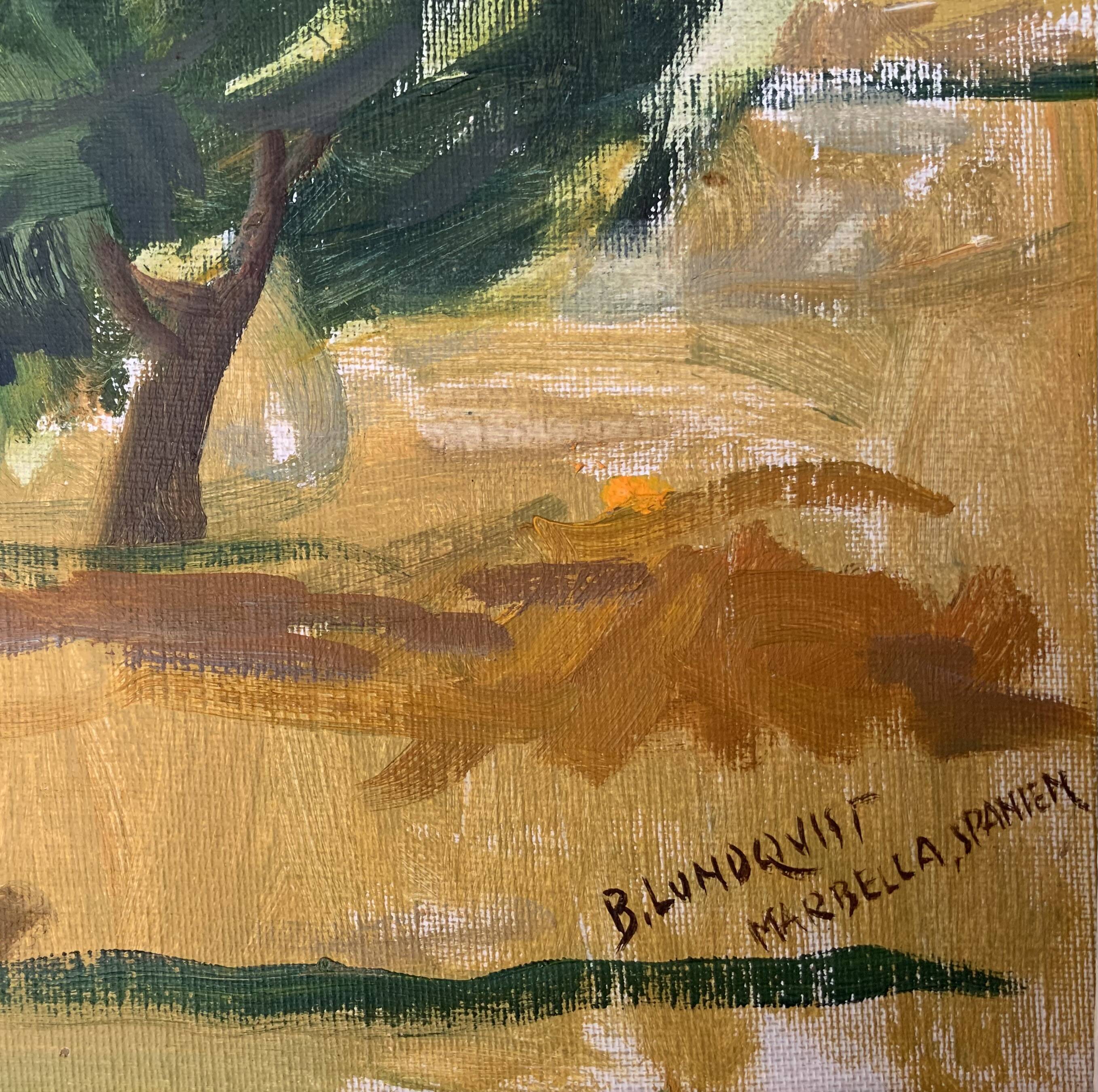 Peinture à l’huile de paysage impressionniste suédois du milieu du 20e siècle « Marbella » années 1960