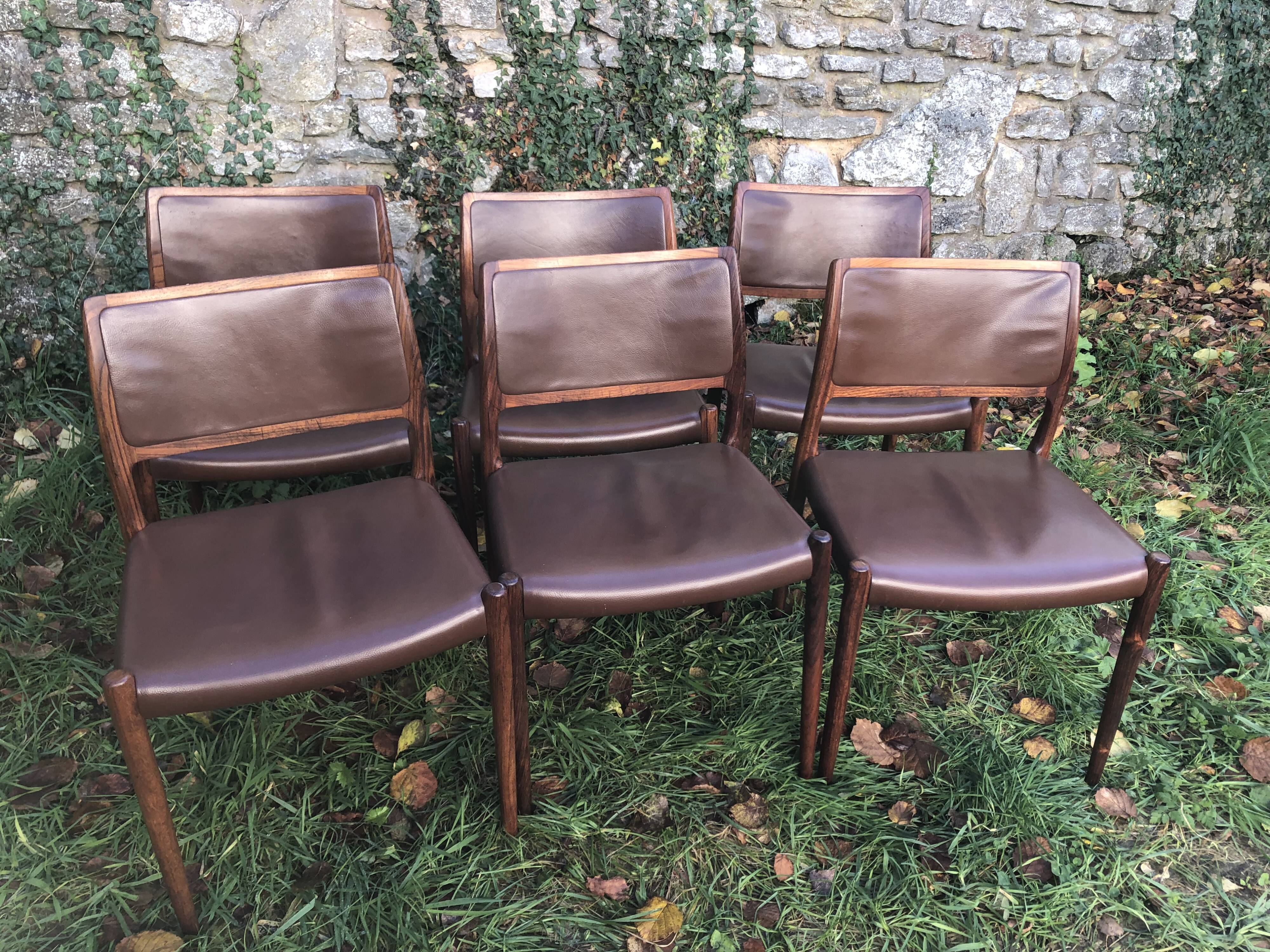 Chairs Niels Otto Møller model 80 brown leather and rosewood 60s