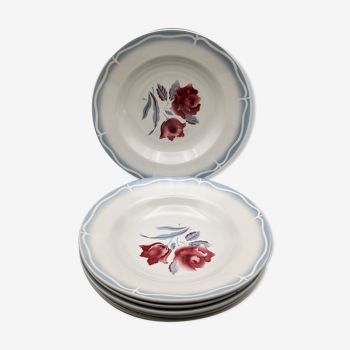 Série 6 assiettes creuses vintage art deco Alesia Digoin Sarreguemines fleurs champêtre
