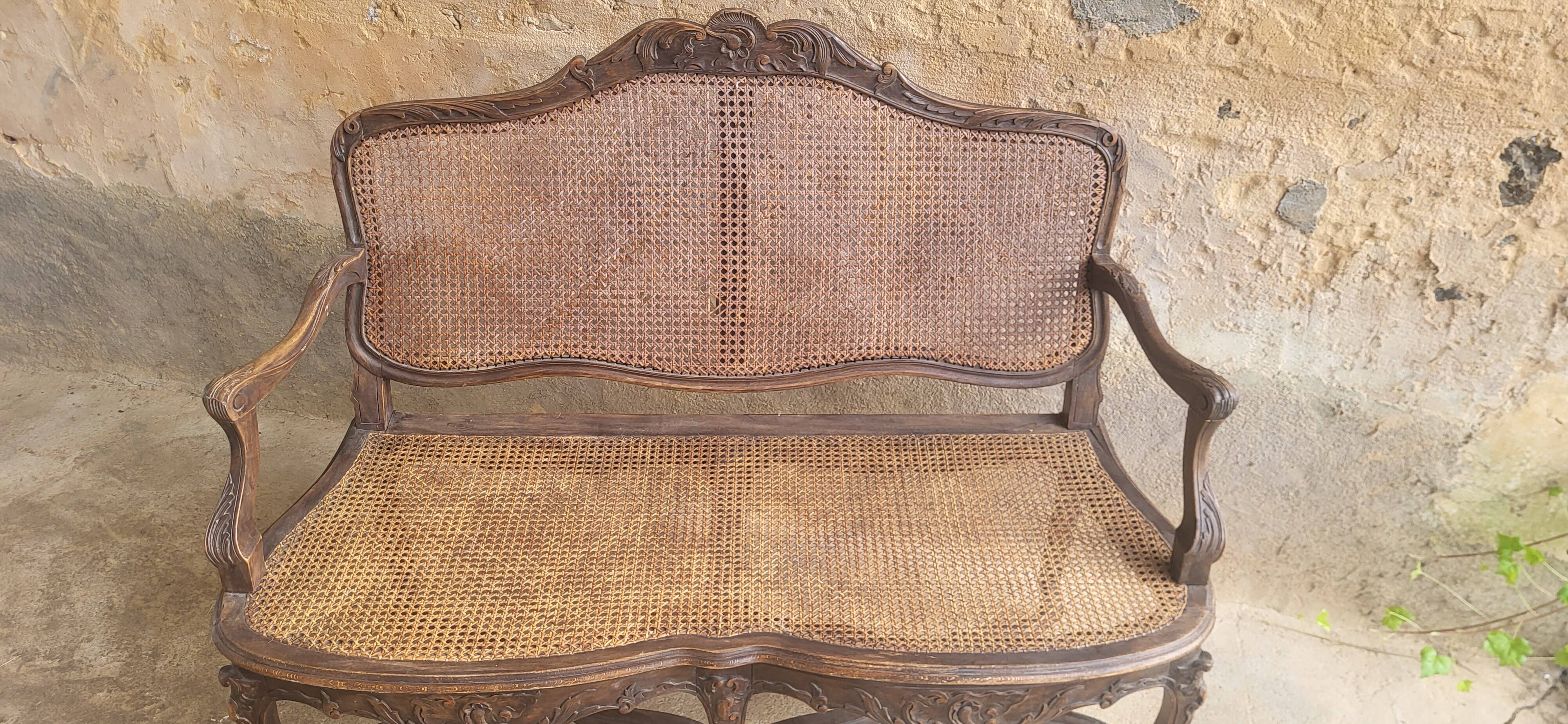 Louis XV rattan cane bench, 19th century