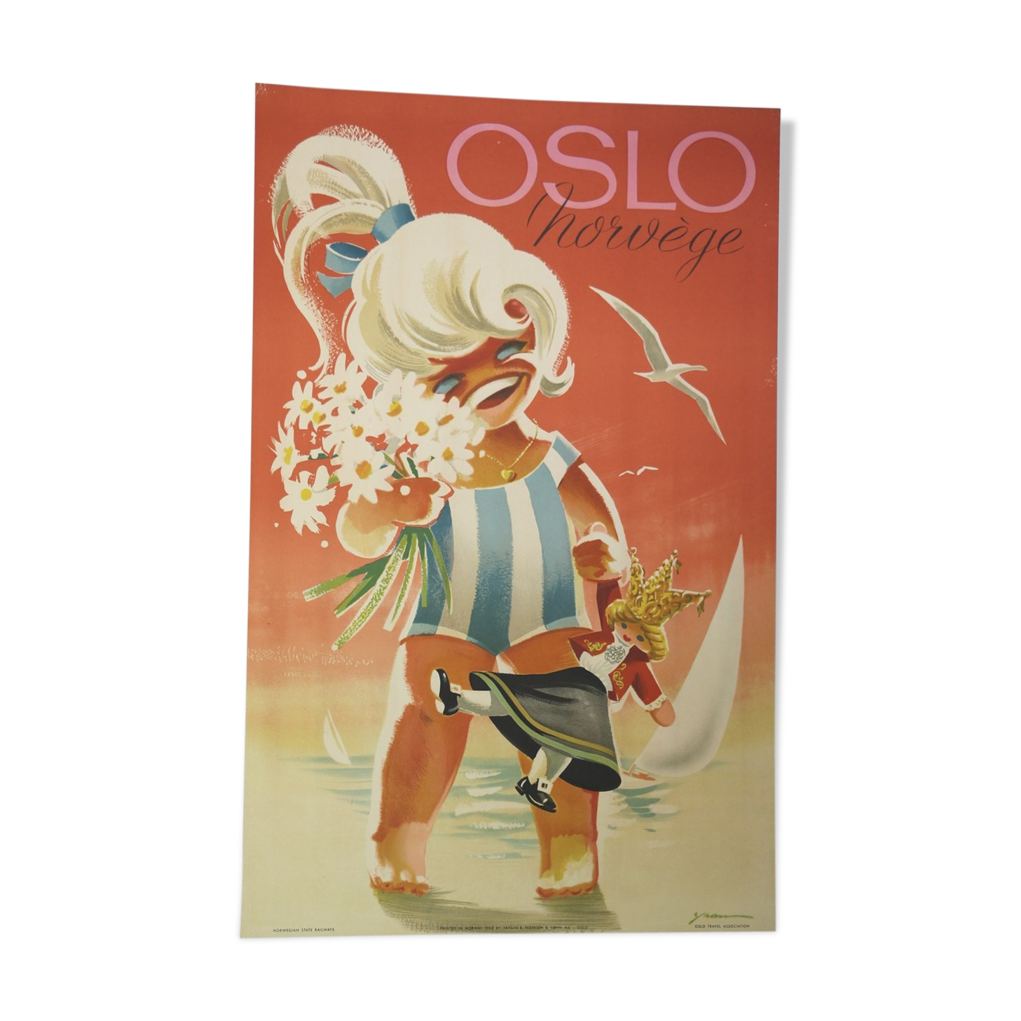 Original poster Oslo Norway doll 1962 Yran Knut boat beach travel railway tourism