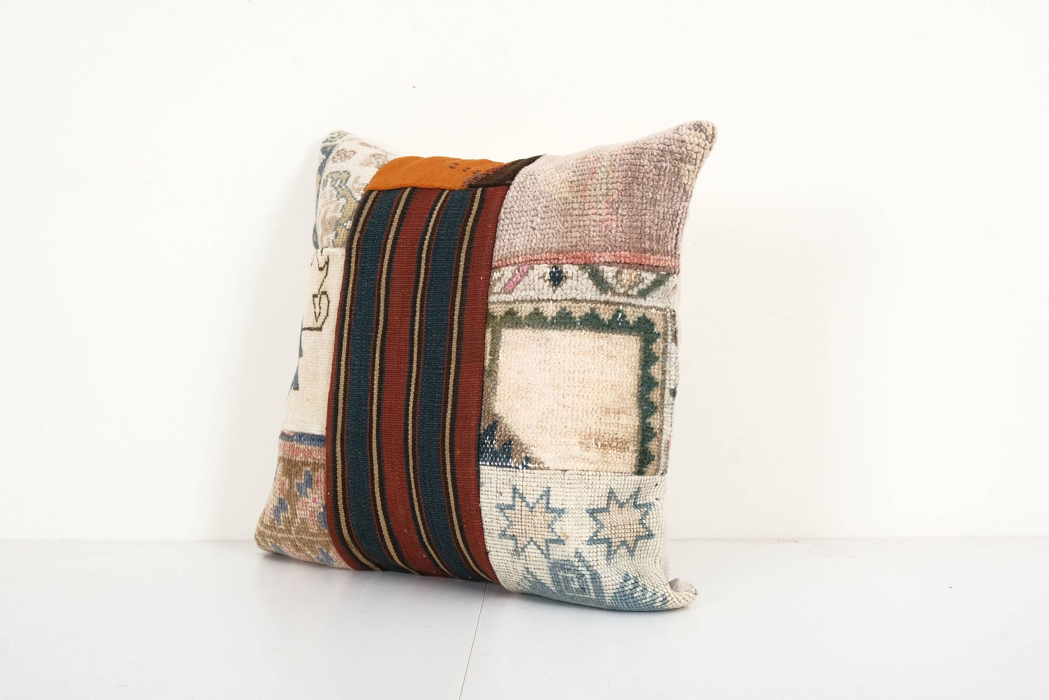 Bohemian patchwork rug pillow cover, square turkish organic cushion with mid century design, vintage