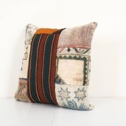 Bohemian patchwork rug pillow cover, square turkish organic cushion with mid century design, vintage
