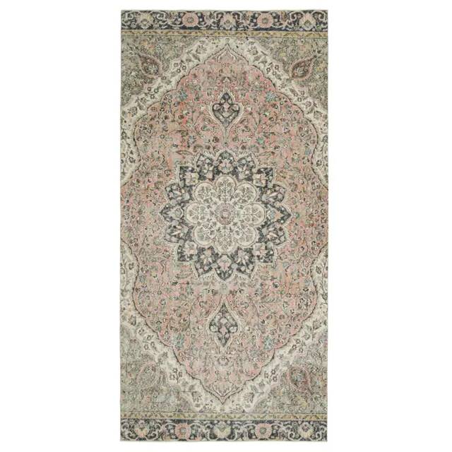 1970s Vintage Turkish Oushak Handmade Wool Cotton Pink Runner Rug 153x320