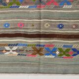 5x7 Gray & Green Pinstriped Turkish Kilim Rug, 147x218Cm