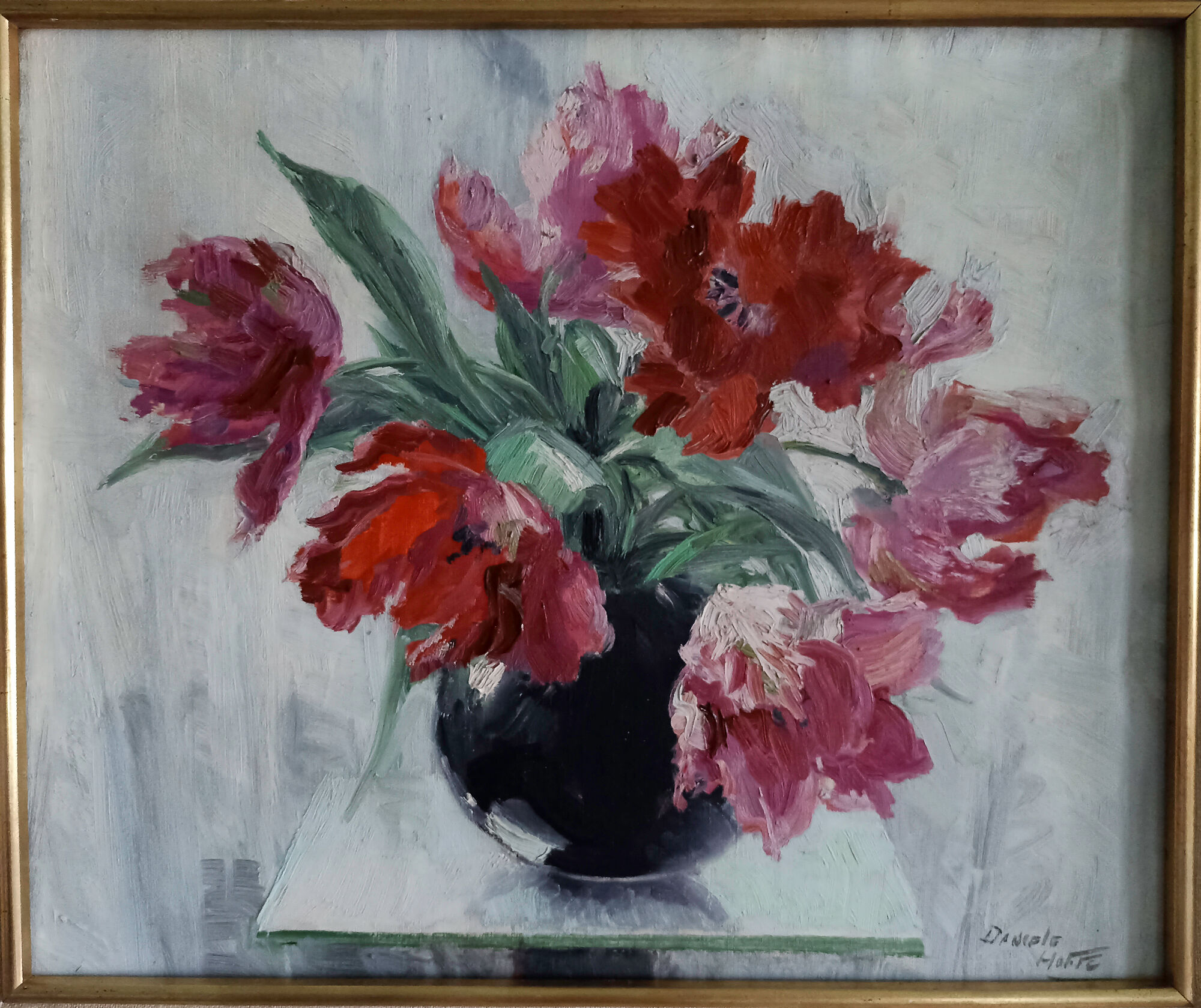 Still life – bouquet of parrot tulips – signed Daniele-Hoffe