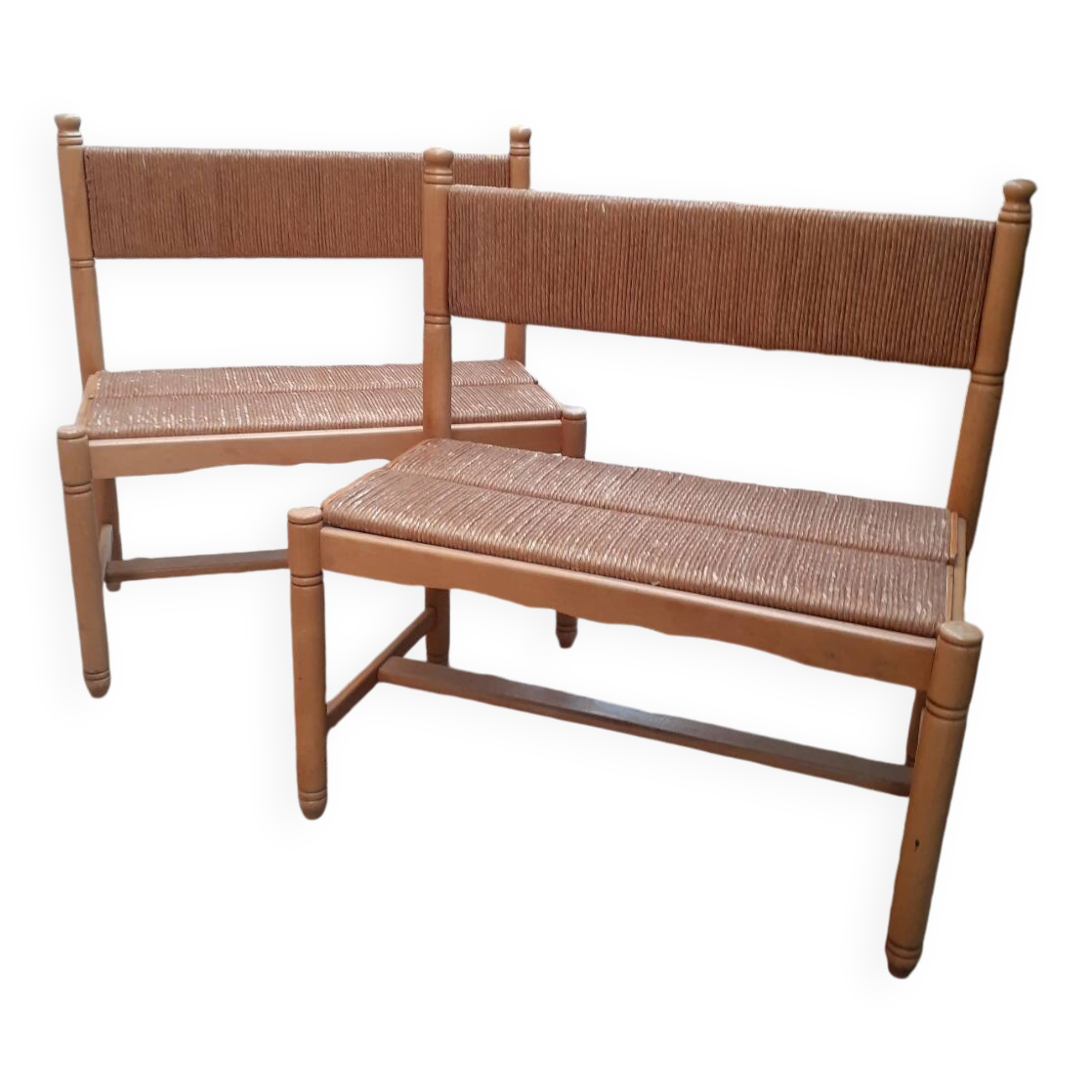 2 wooden and straw benches