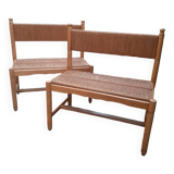 2 wooden and straw benches