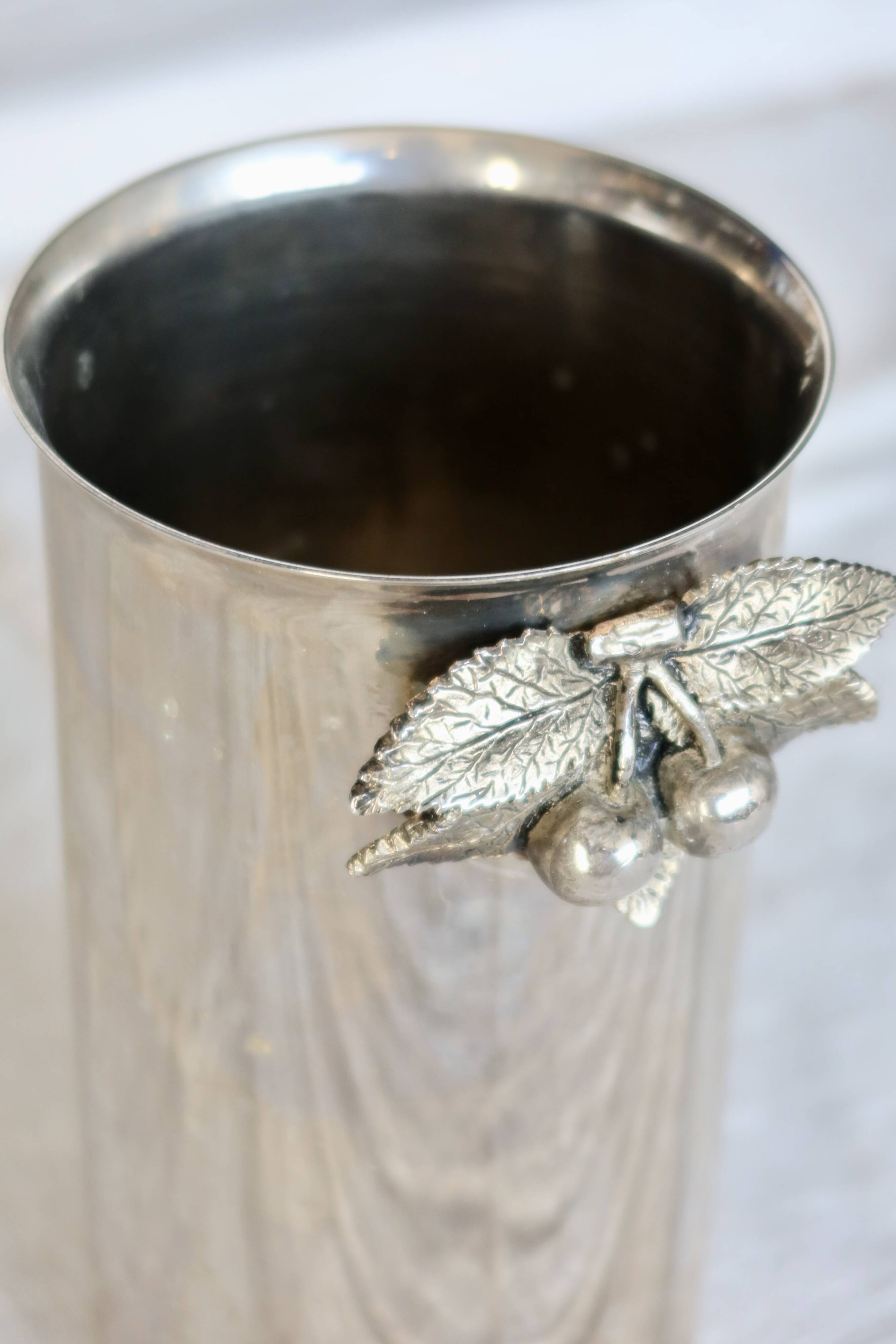 Vintage silver metal bottle holder – Cherry detail