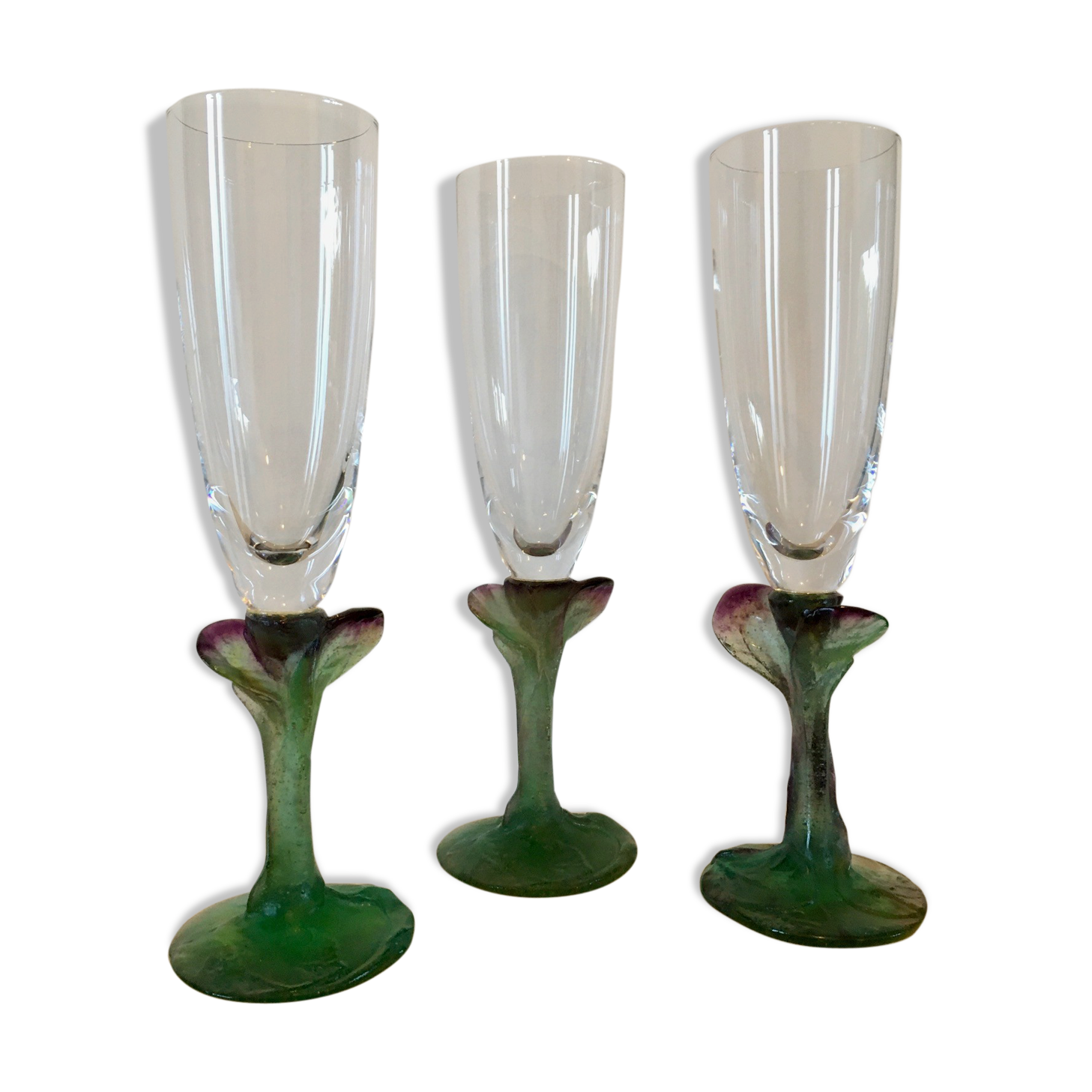 3 flûtes à champagne en cristal/pâte de verre Daum modèle "nature