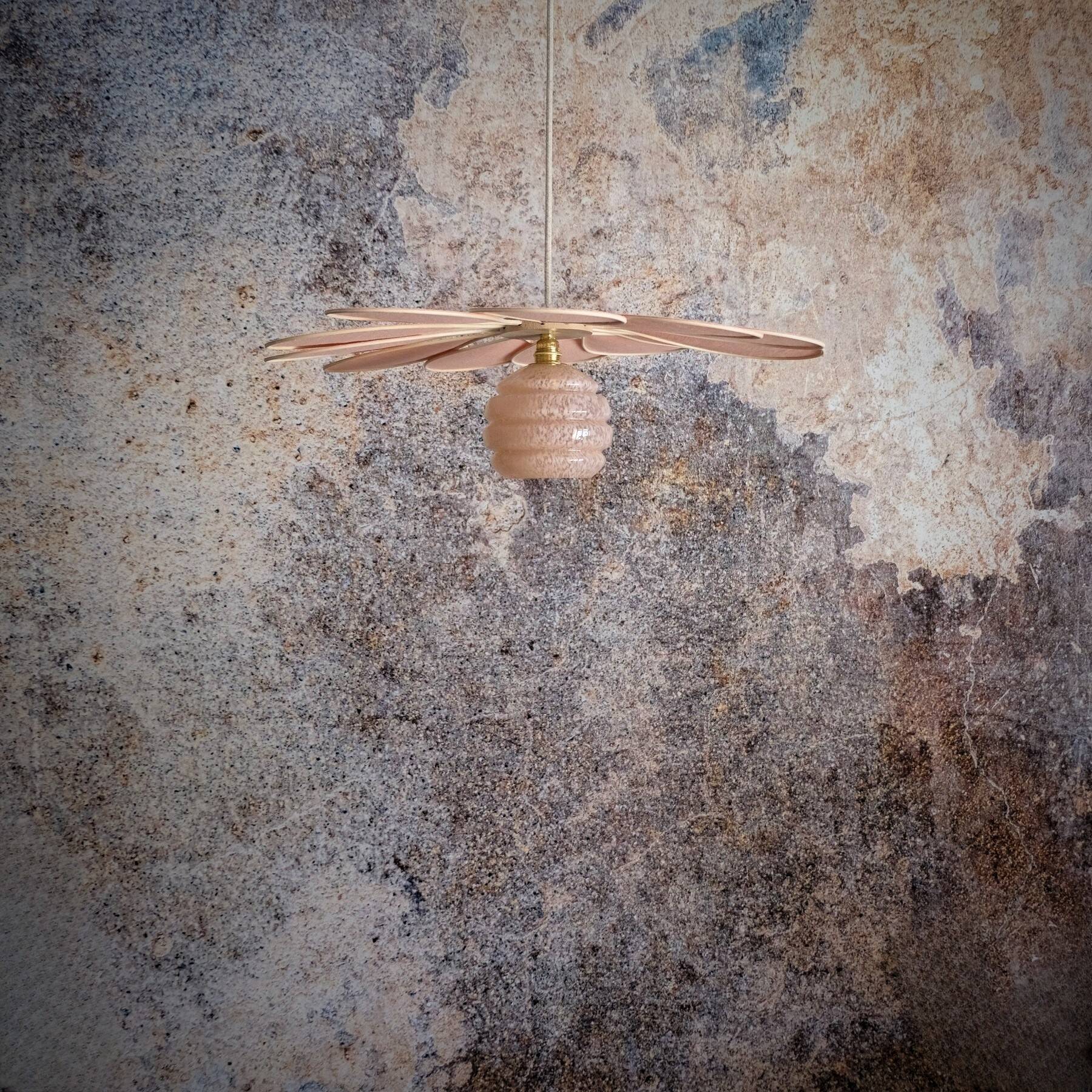Rattan and Pink Linen Flower Pendant Light and Vintage Clichy Glass Globe