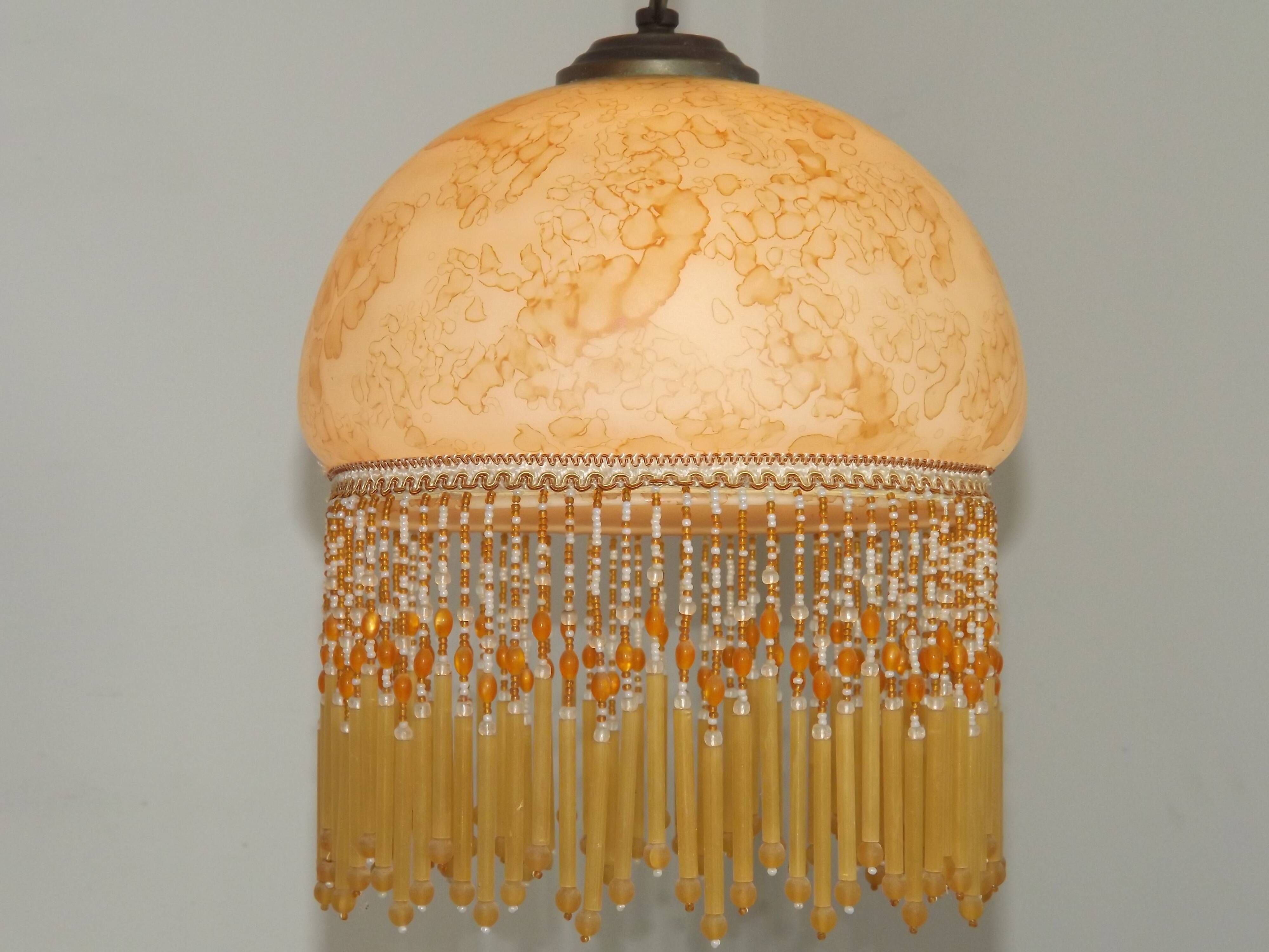 Mid Century Amber Mottled Glass Ceiling Light with Beaded Glass Fringe