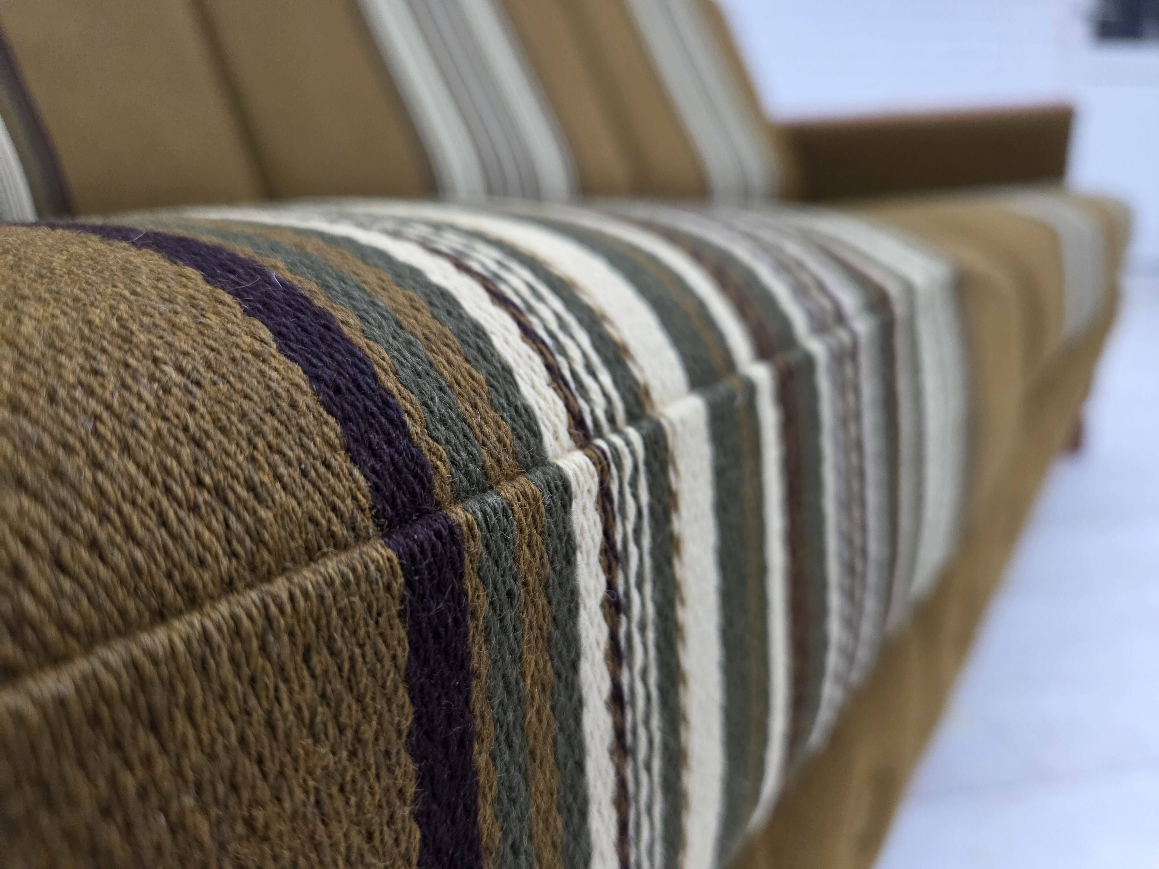 1970s, Danish 3-seater sofa, furniture wool, solid oak wood.