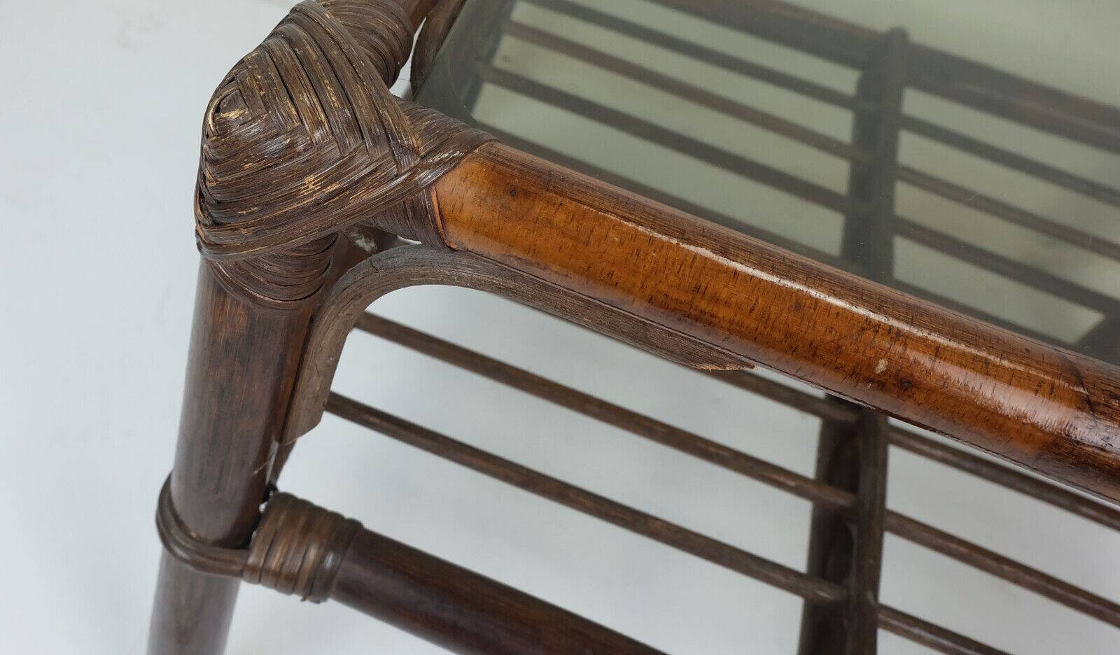 1970s mid century SIDE TABLE coffee table bamboo wicker glass