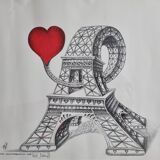 Offset lithograph signed by Mario Astrit Repage - Stylized representation of the Eiffel Tower with c