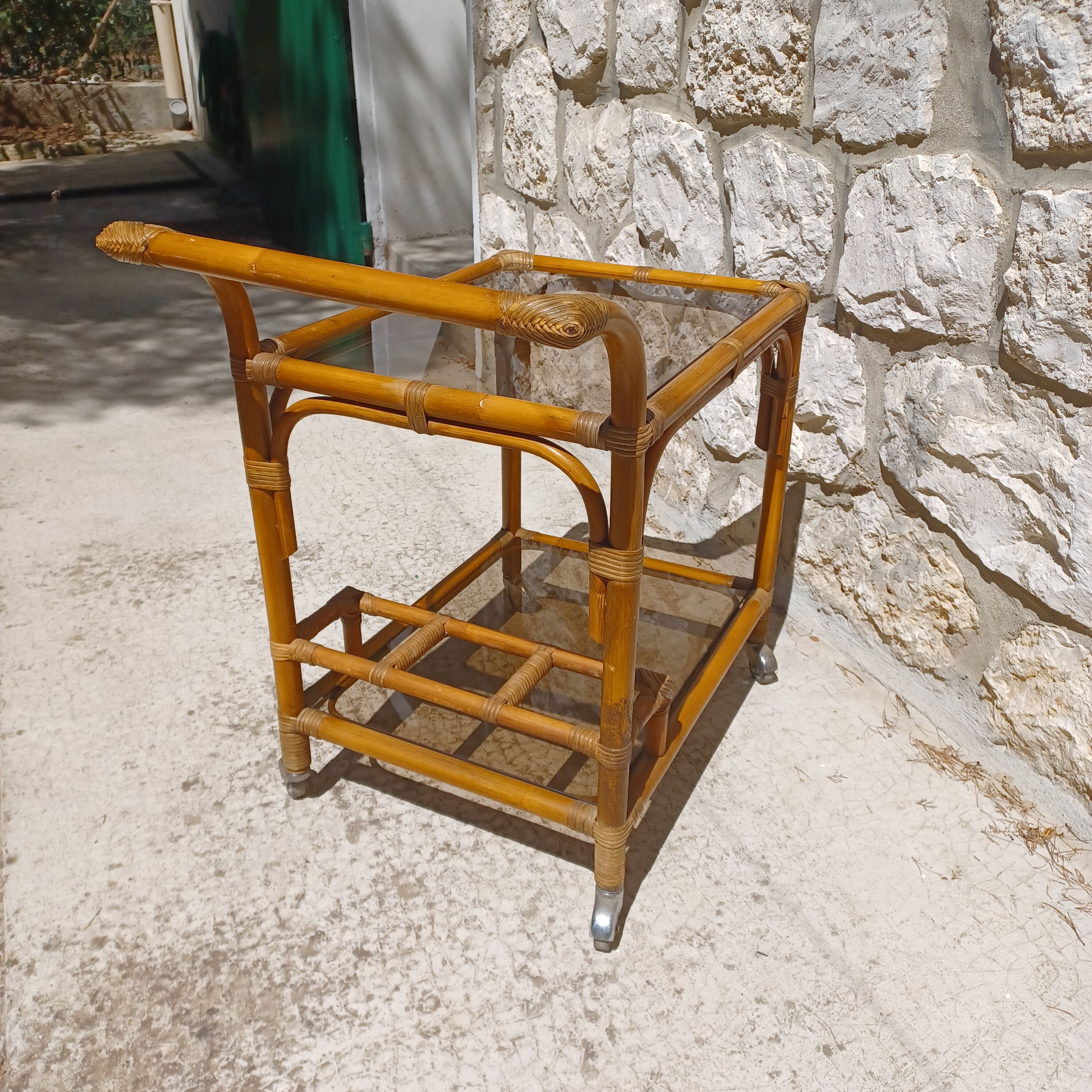 Vintage rattan rolling bar table
