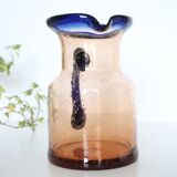 Bubble glass jug made by French craftsmen, blue and orange