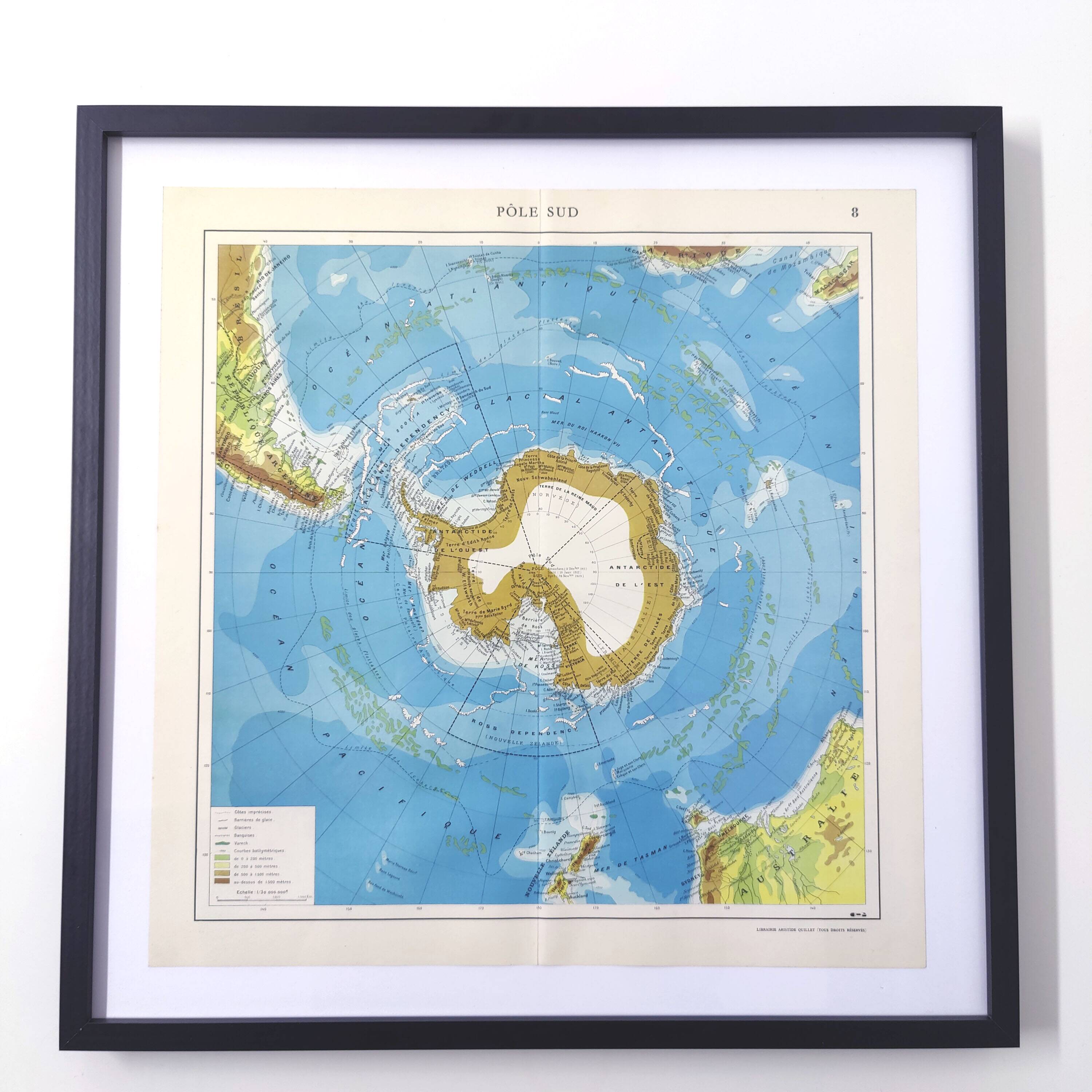 Carte Pôle Sud Antarctique vintage de 1950