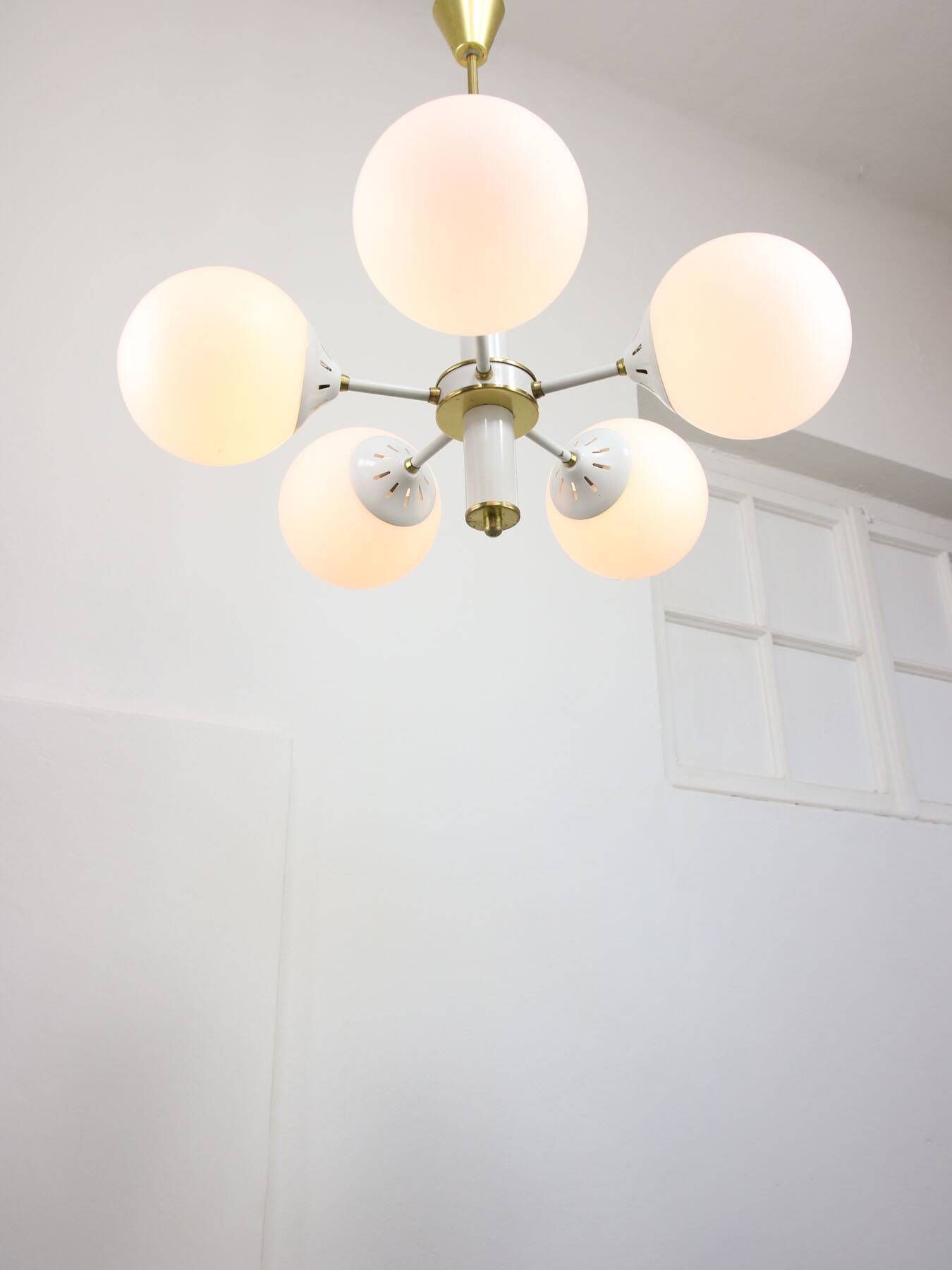 Vintage Italian Brass and Opaline Sputnik Chandelier, 1970s