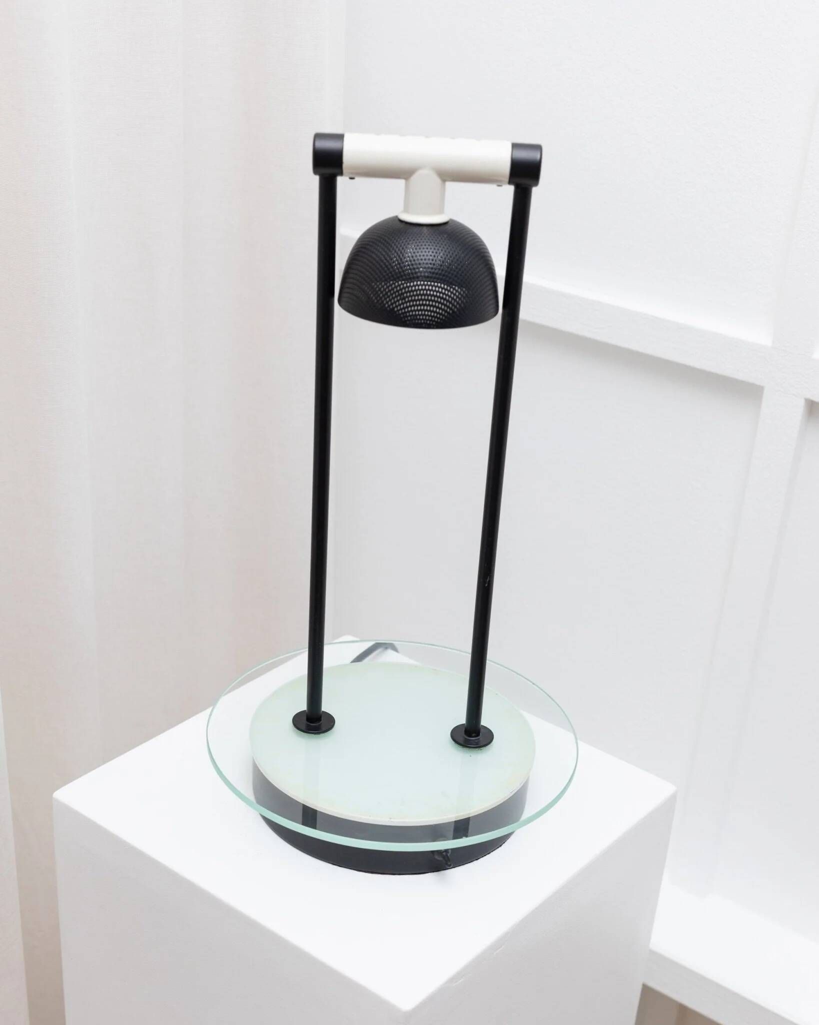 Vintage black metal table lamp with frosted glass disc, Italy, Postmodern Memphis 1980s