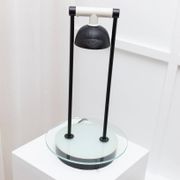 Vintage black metal table lamp with frosted glass disc, Italy, Postmodern Memphis 1980s