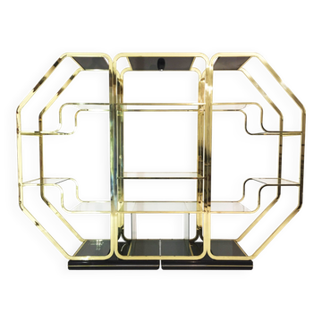 Laiton Verre Octogonal Etagere Hollywood Regency 70s Midcentury