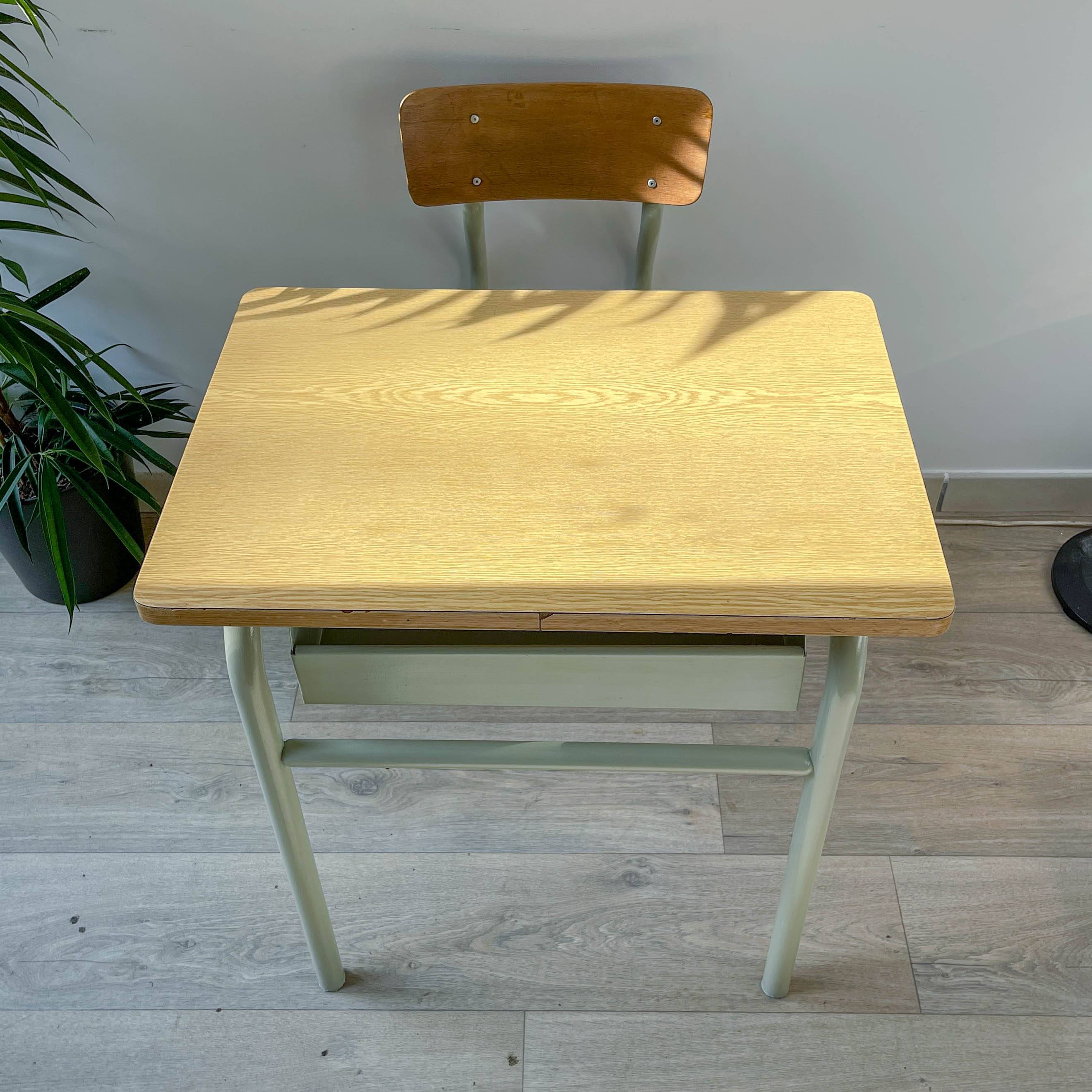 Vintage 1960s school desk – Antique wooden and metal aqua green desk – Retro school furniture – Vintage children's desk