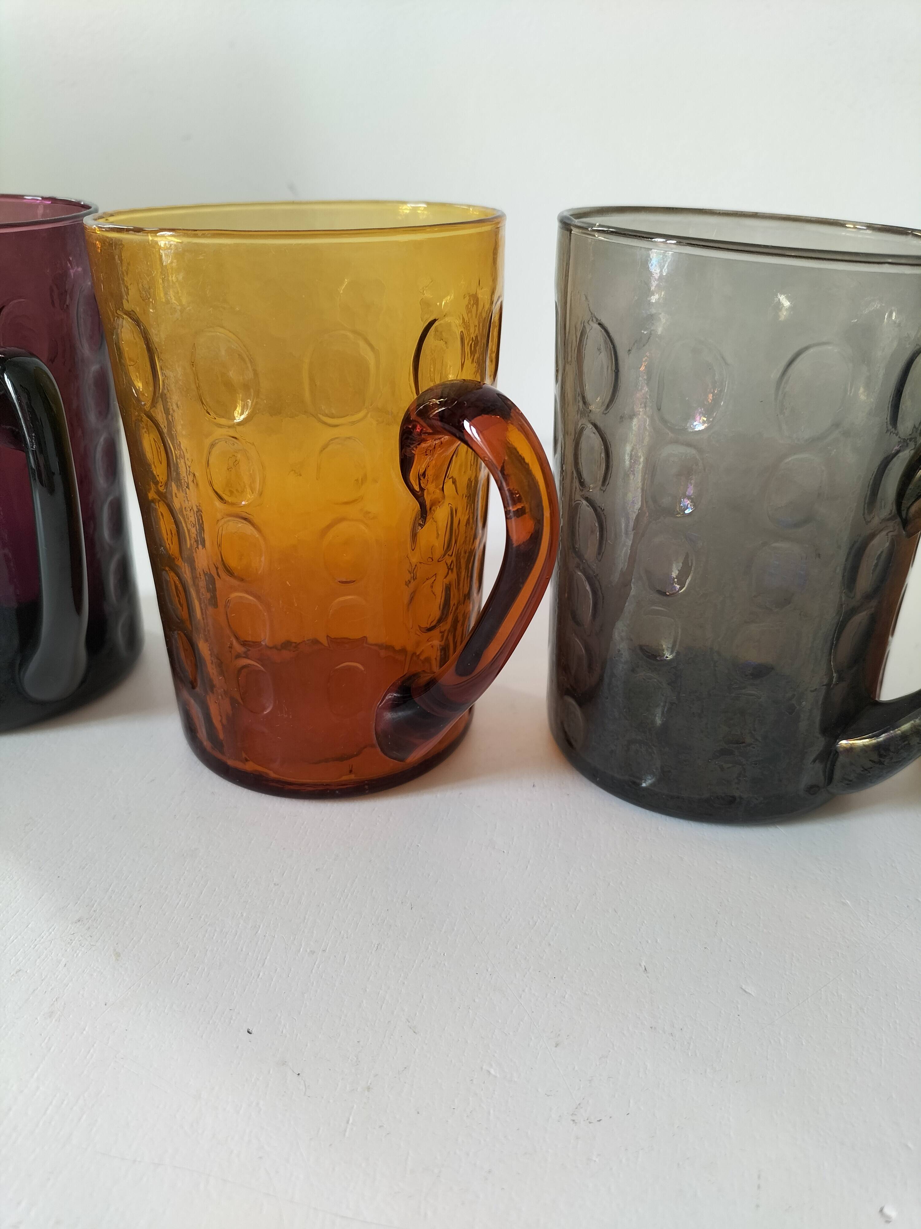 Set of 4 coloured pressed glass mugs, vintage style.