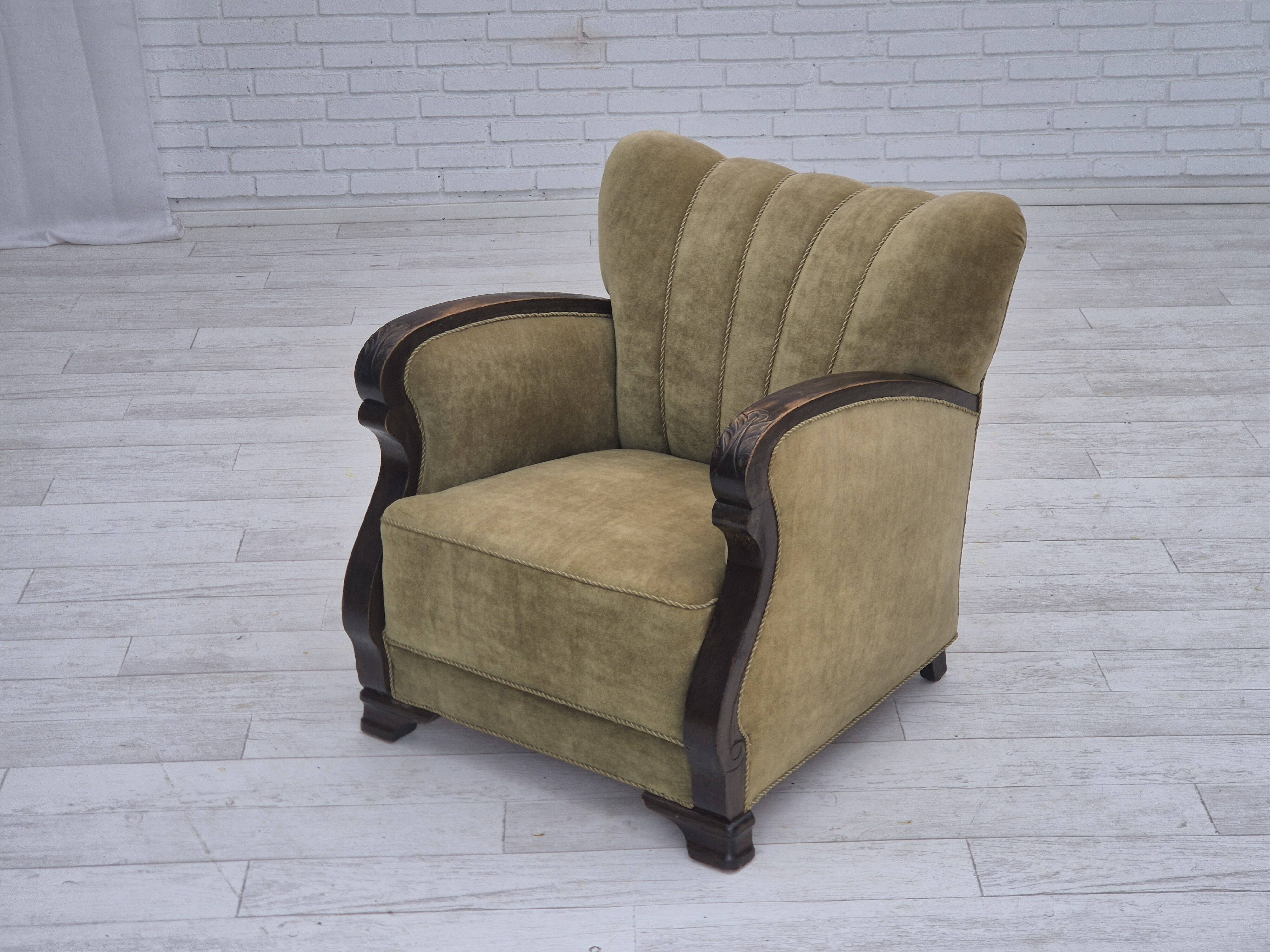 1950s, Danish relax armchair, green furniture velour, beech wood.