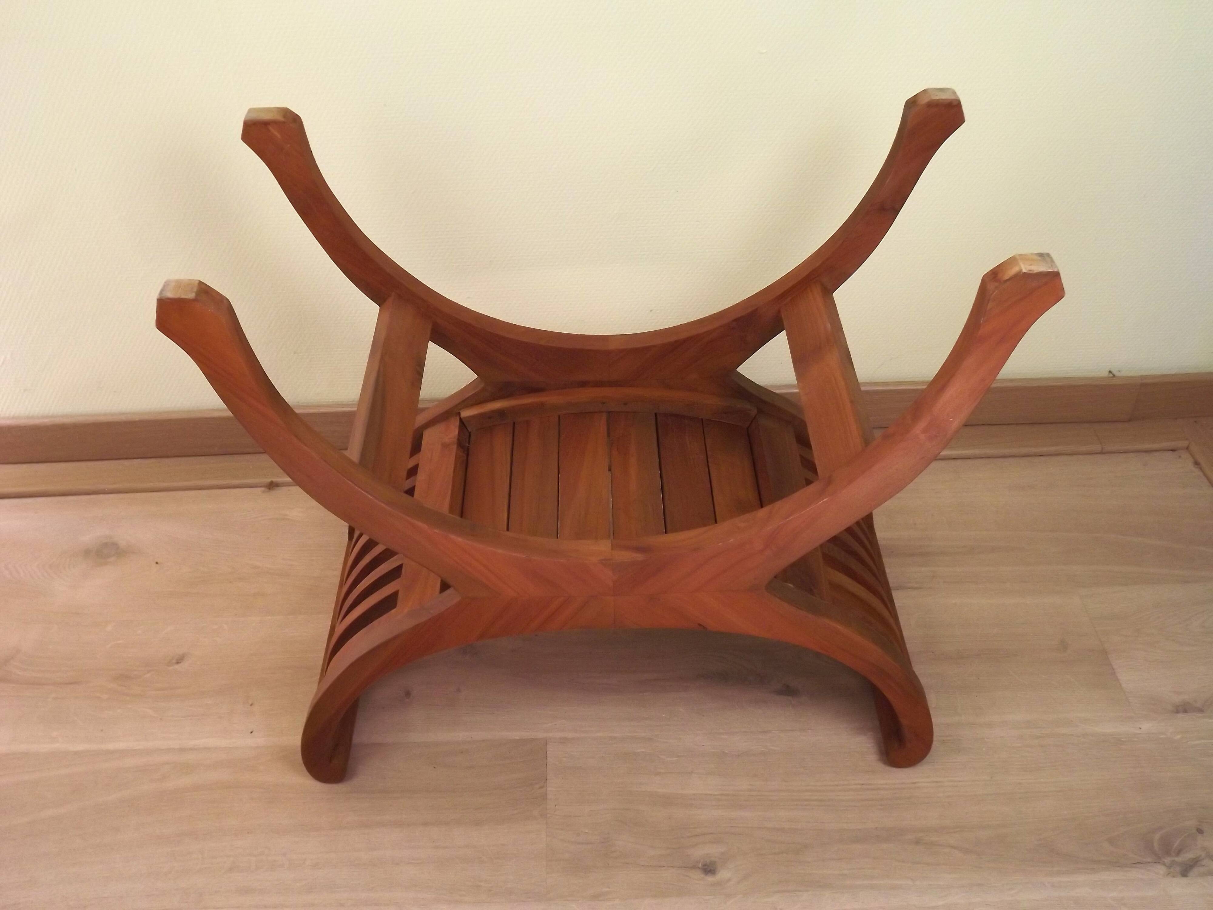 Solid Wood Curule Stool Vintage French Curved Slatted Seat Mid Century