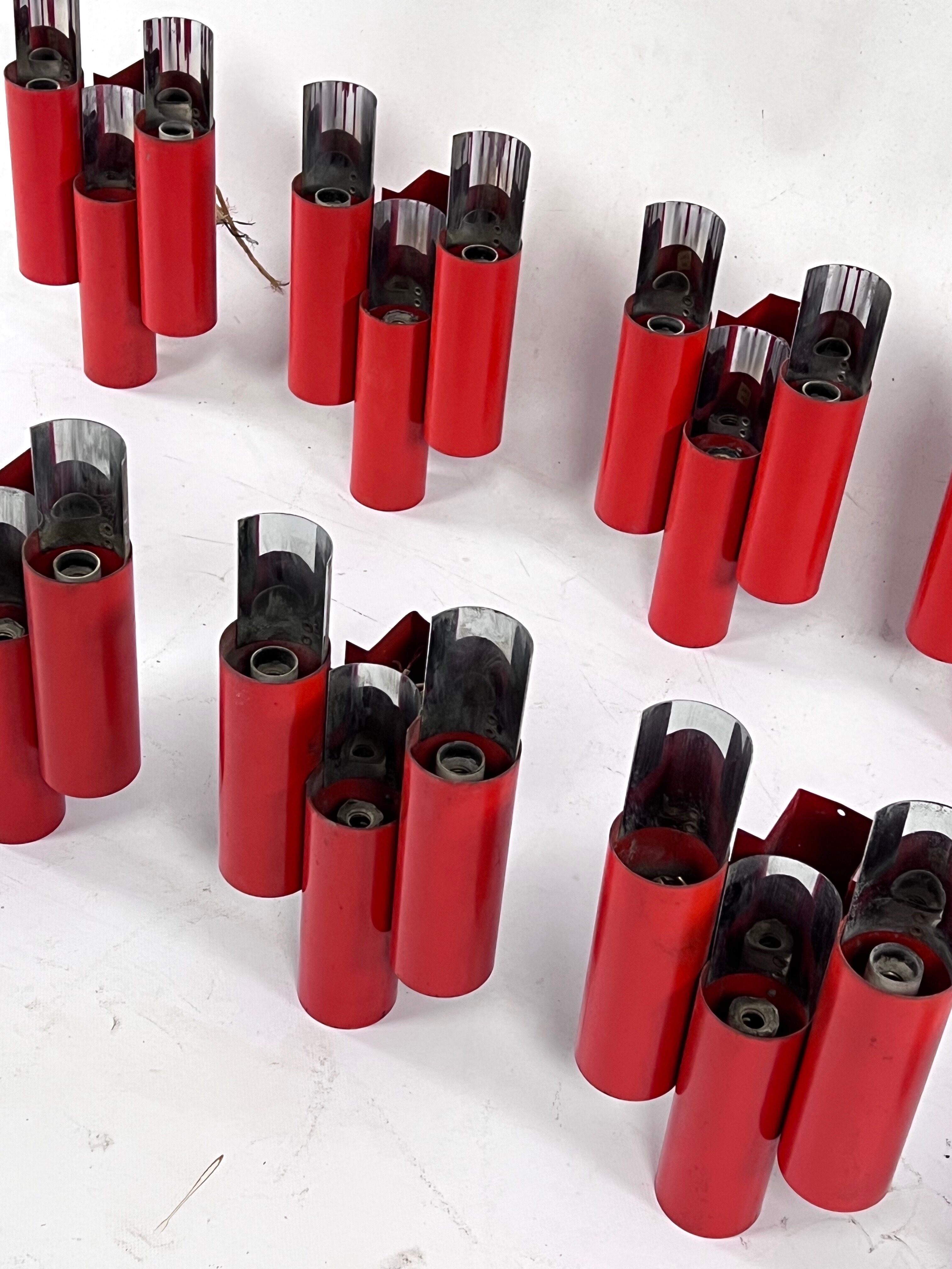 Set of 10 mid-century red and chrome wall lamps by Stilnovo, Italy 1970s