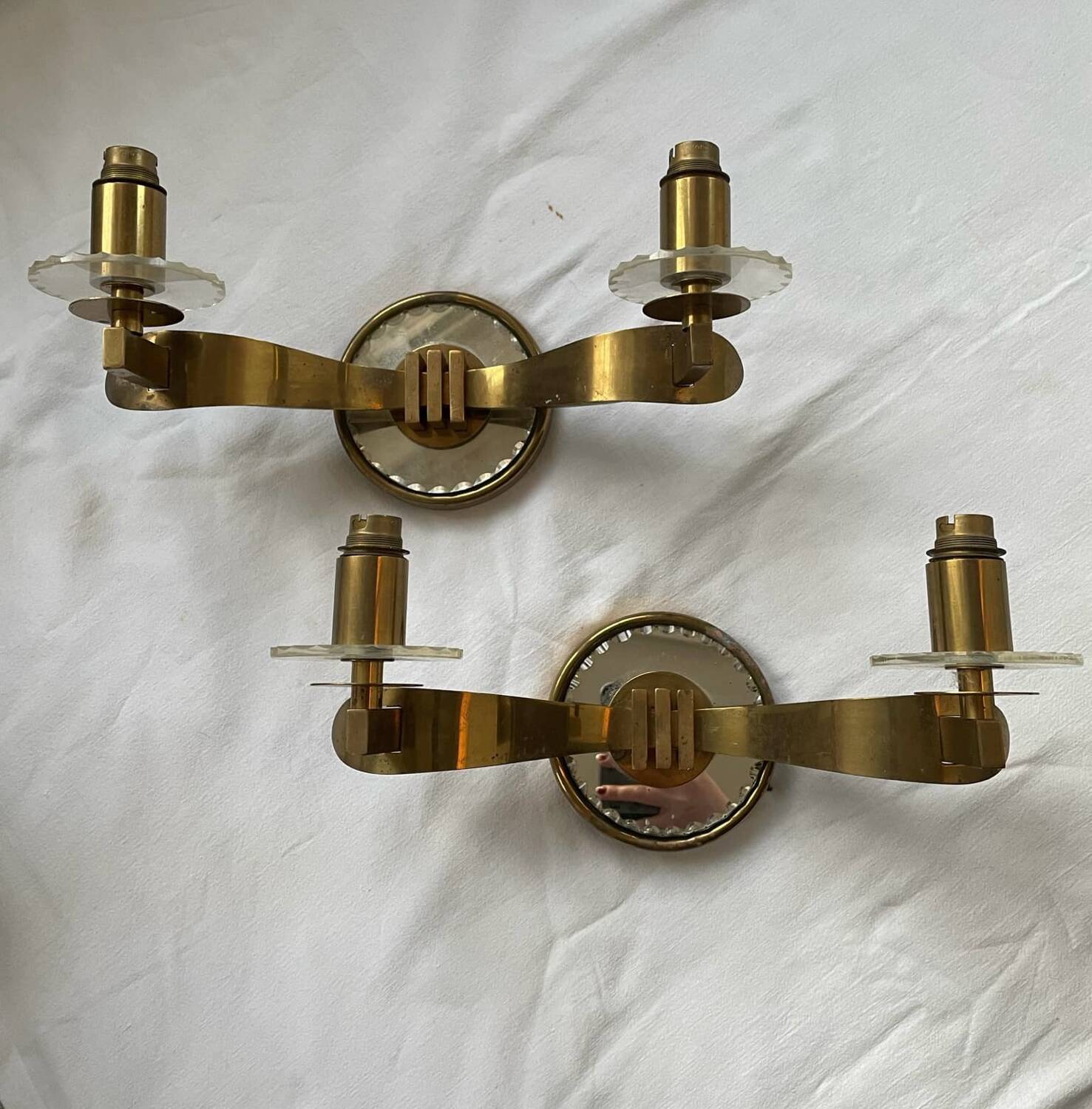 Vintage pair of art deco brass and mirrored glass wall lights France 1940