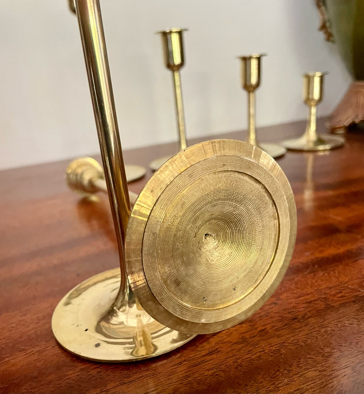 Suite of 6 vintage brass tulip foot candle holders