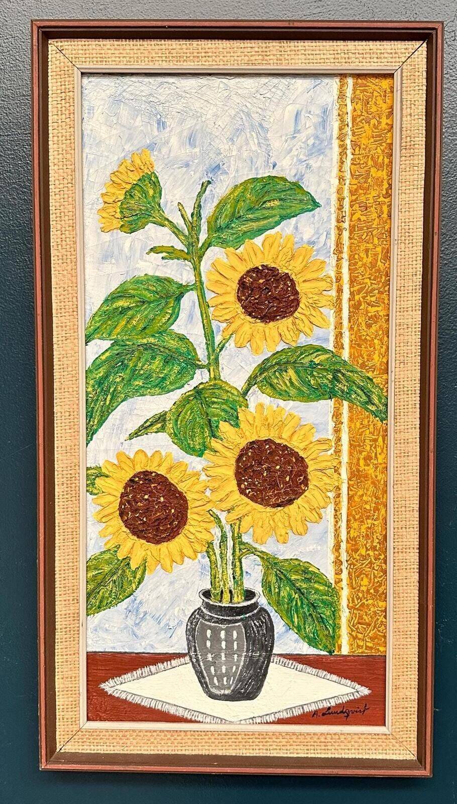 Original Swedish Oil On Canvas – “Sunflowers” By A. Lundqvist – Signed – Vintage & Framed – 66 × 35 Cm (26" × 13.8")