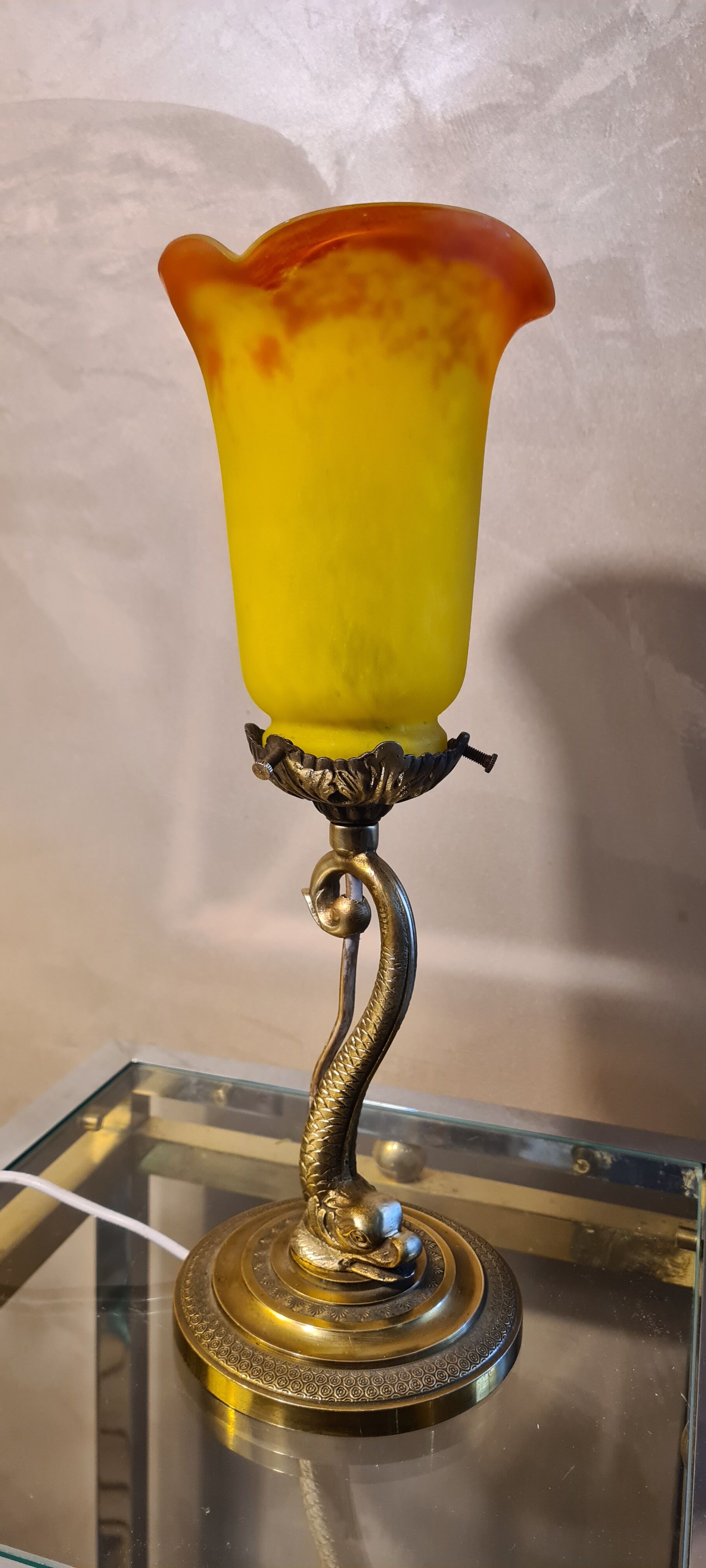 Lamp Dauphin bronze 1920 with tulip signed (Noverdy France) 32x11