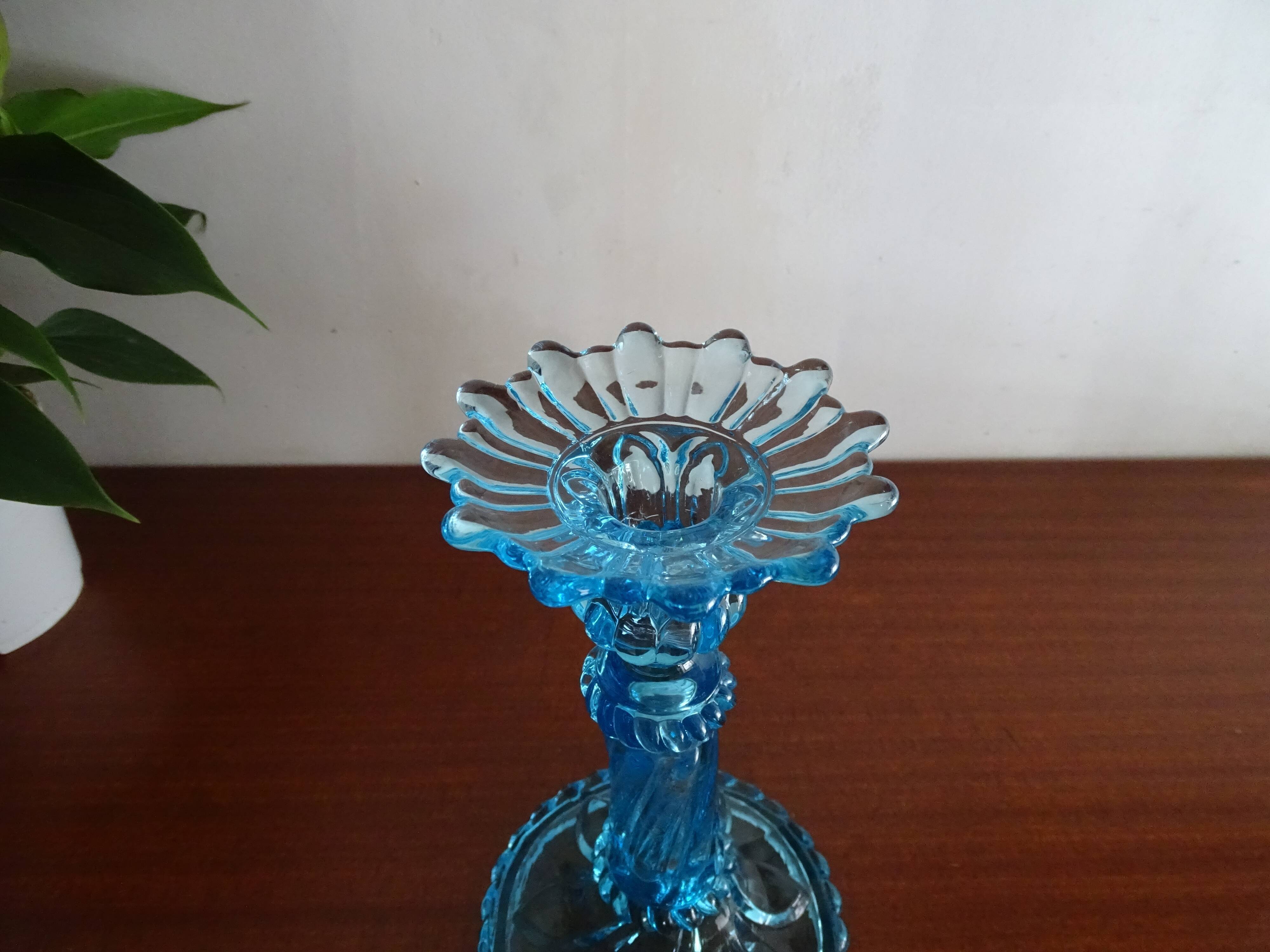 Candleholder Door blue molded glass signed