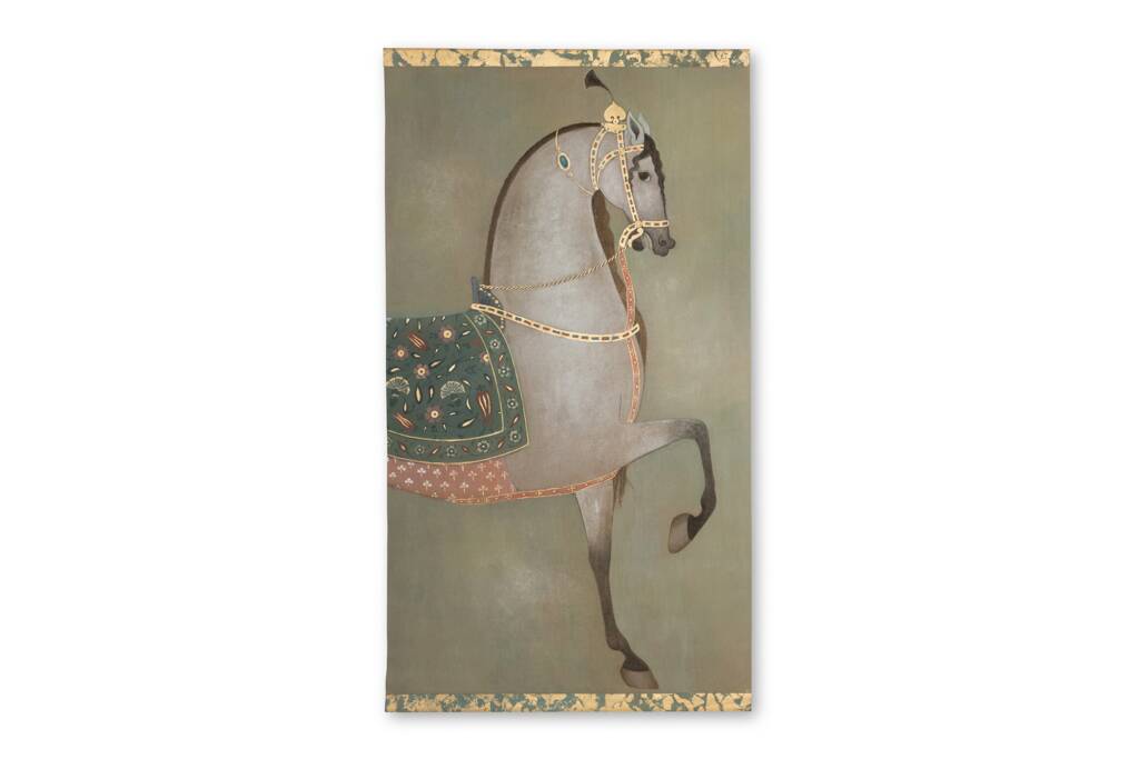 Painted canvas depicting a side view of an Indian horse. Contemporary work.