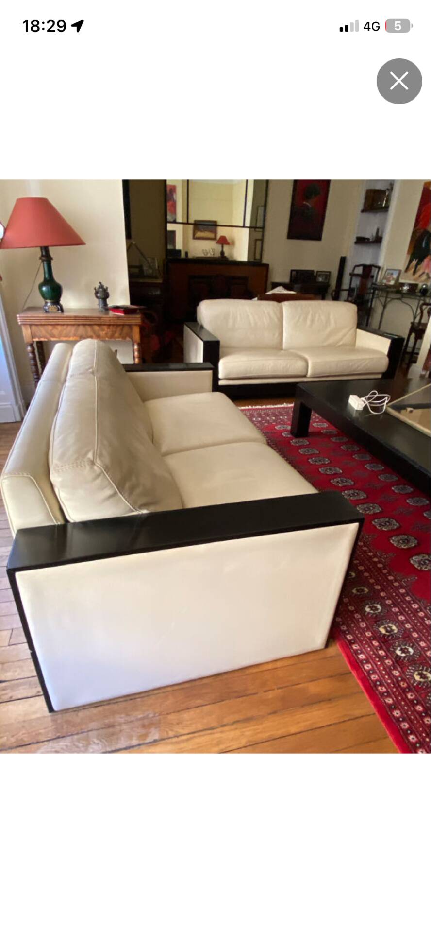 Sofa 2 seaters White leather and wood