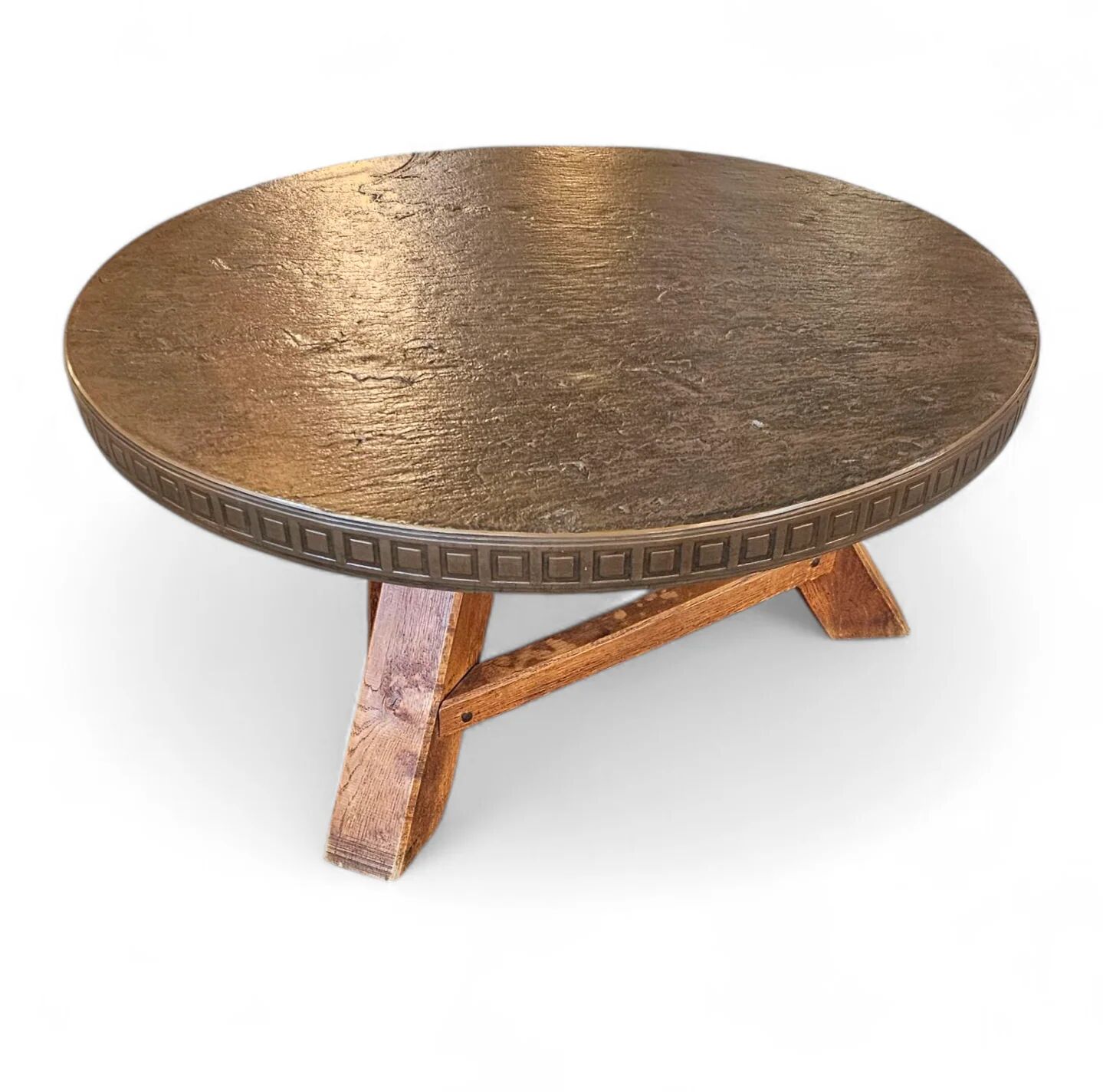 Round brutalis coffee table with brass / copper top / 1960s