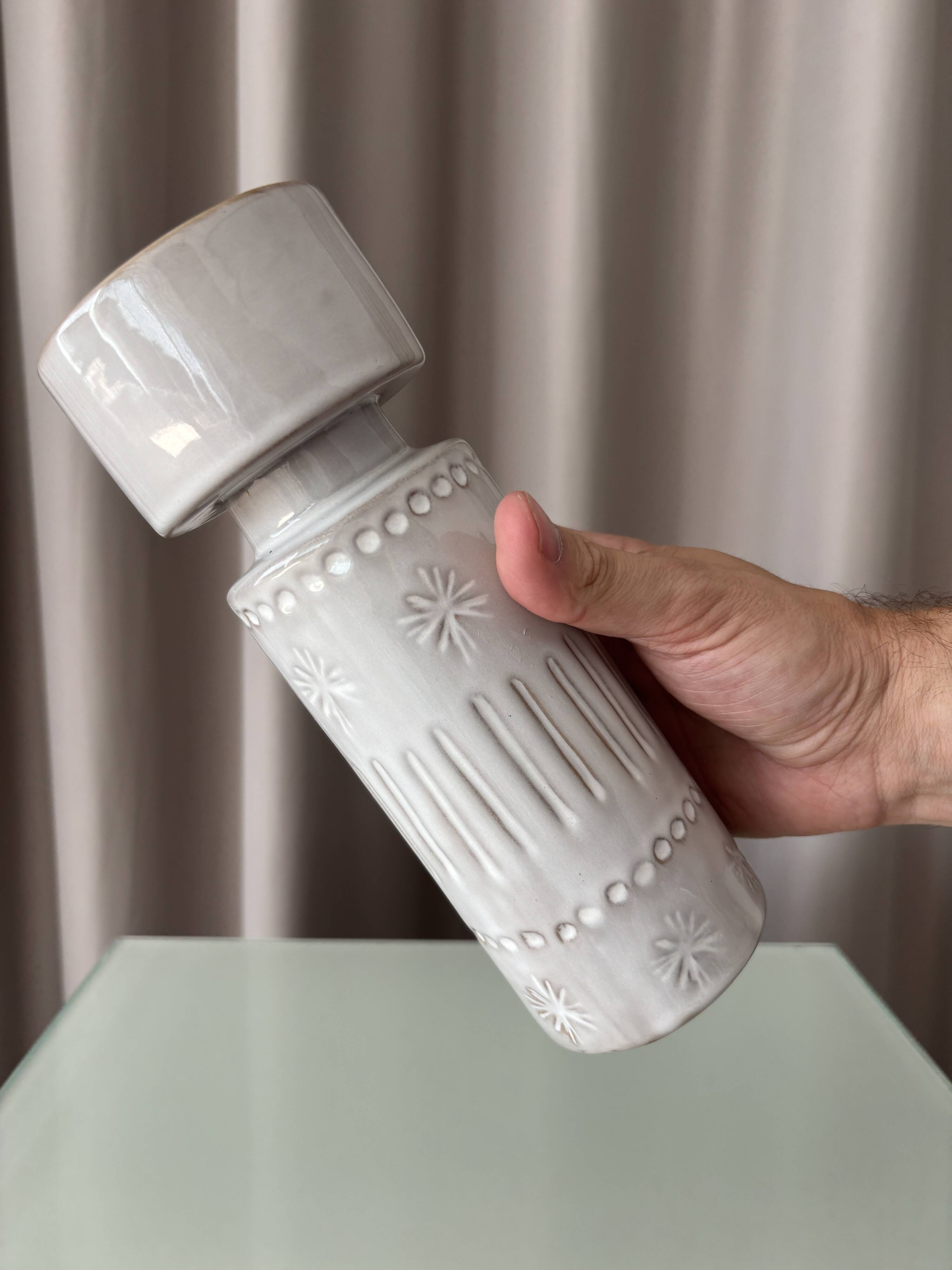 Vintage West German Ceramic Candle Holder / Vase – Ivory Relief – 1970s