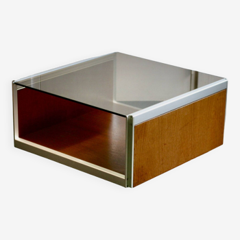 Wood, aluminum and smoked glass coffee table. circa 1970