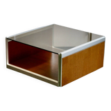 Table basse bois, aluminium et verre fumé. circa 1970