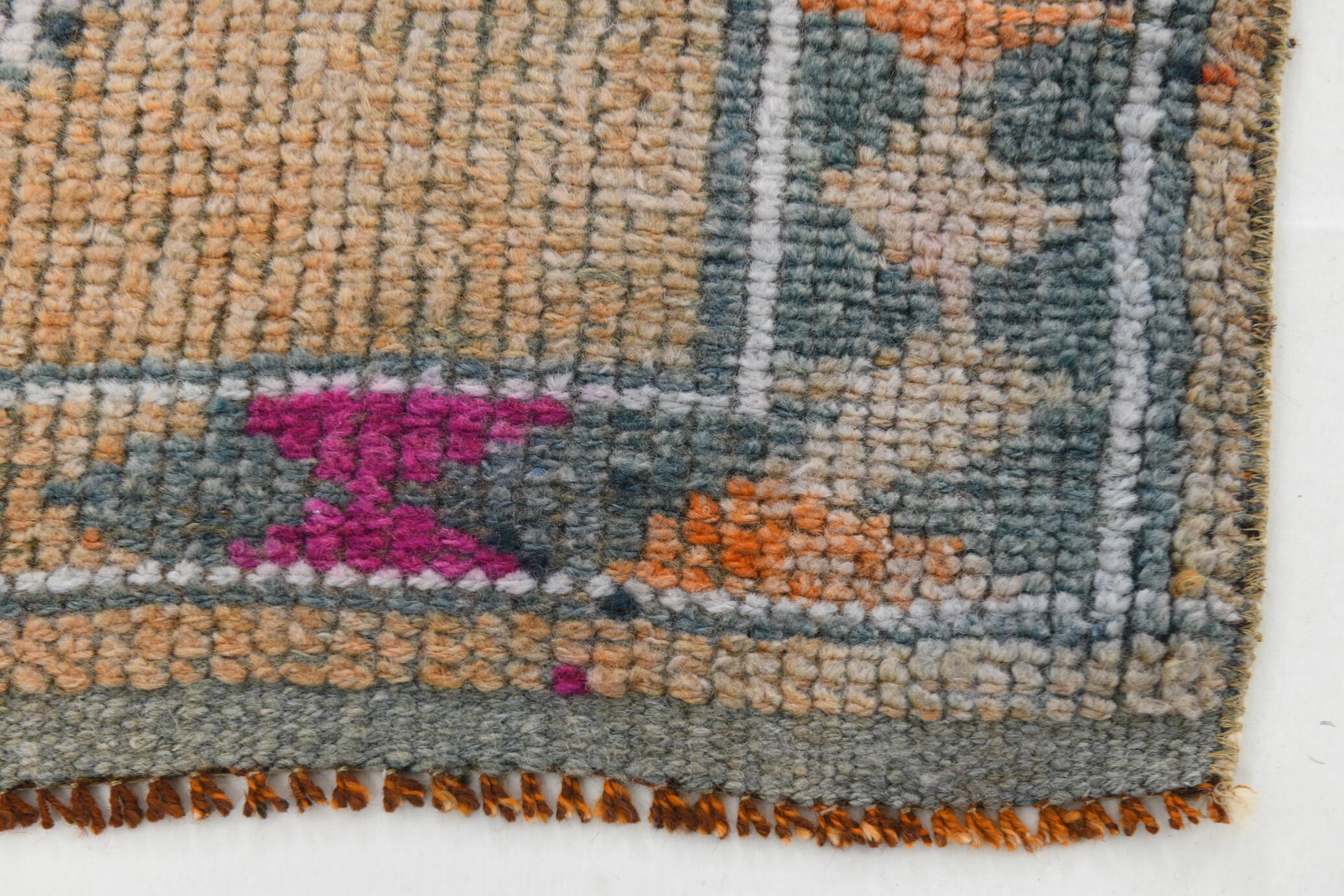Fuchsia Vintage Oushak Runner Rug, Turkish Wool Hallway Carpet, 86x341 Cm