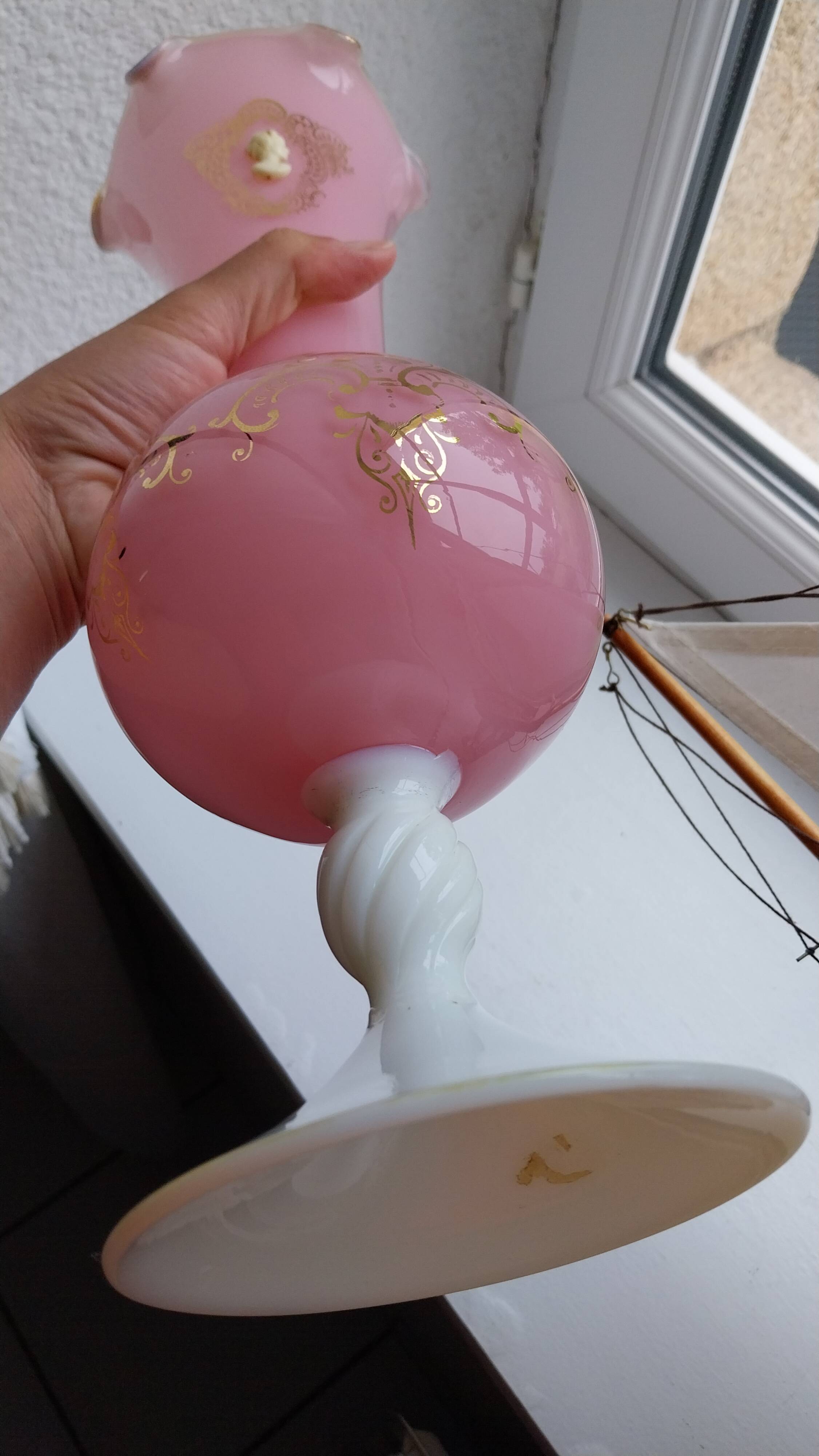 Opaline pink vase with cameo and gilding, 35cm
