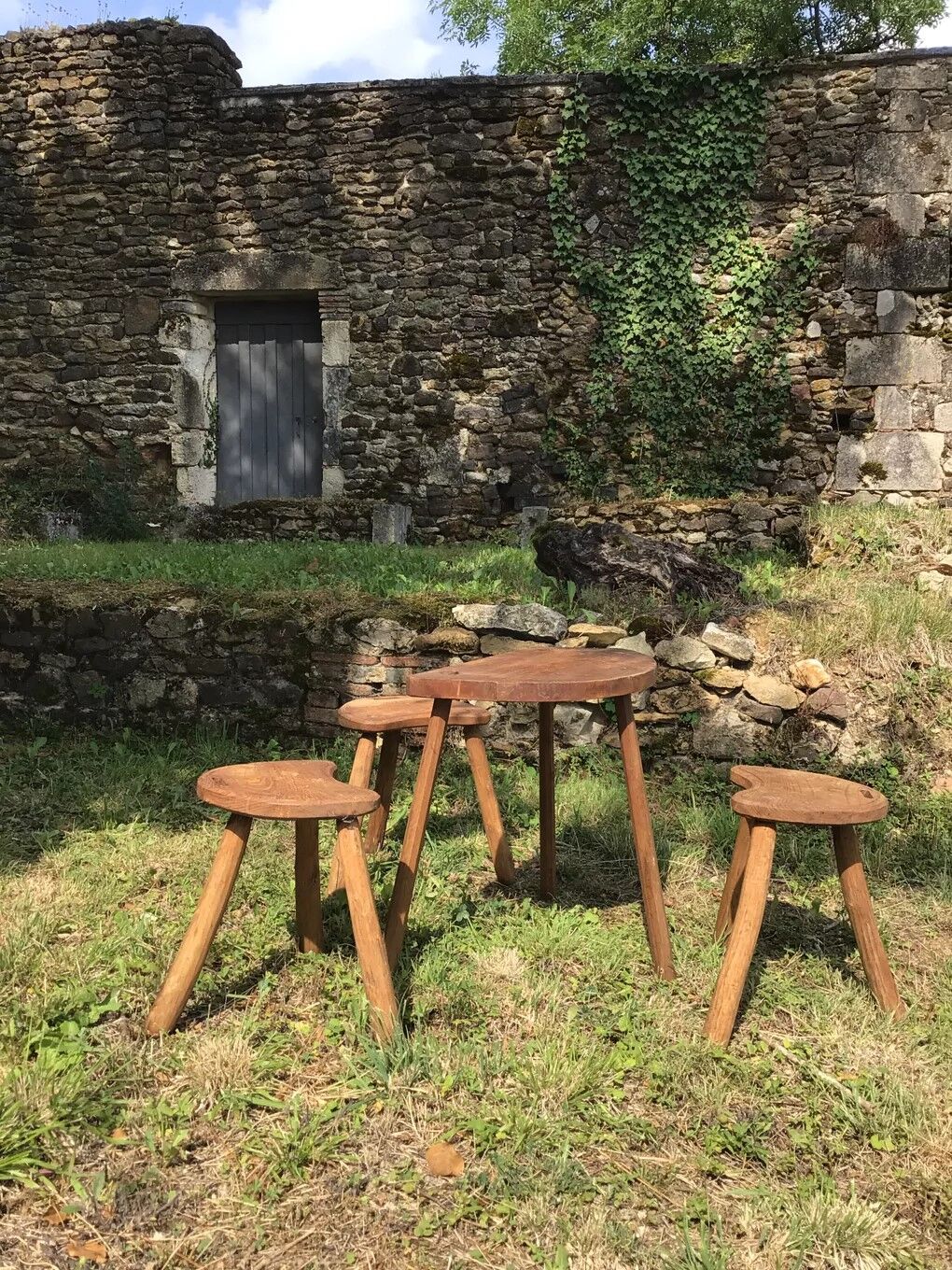 Brutalist wooden stool table set