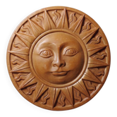 Wall plaque of an anthropomorphic sun in patinated terracotta, vintage Italy 1996.