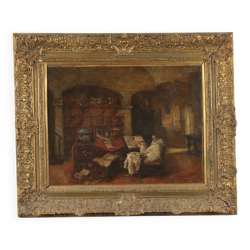 Old painting signed Jeno Chemendy, monk, 19th Century