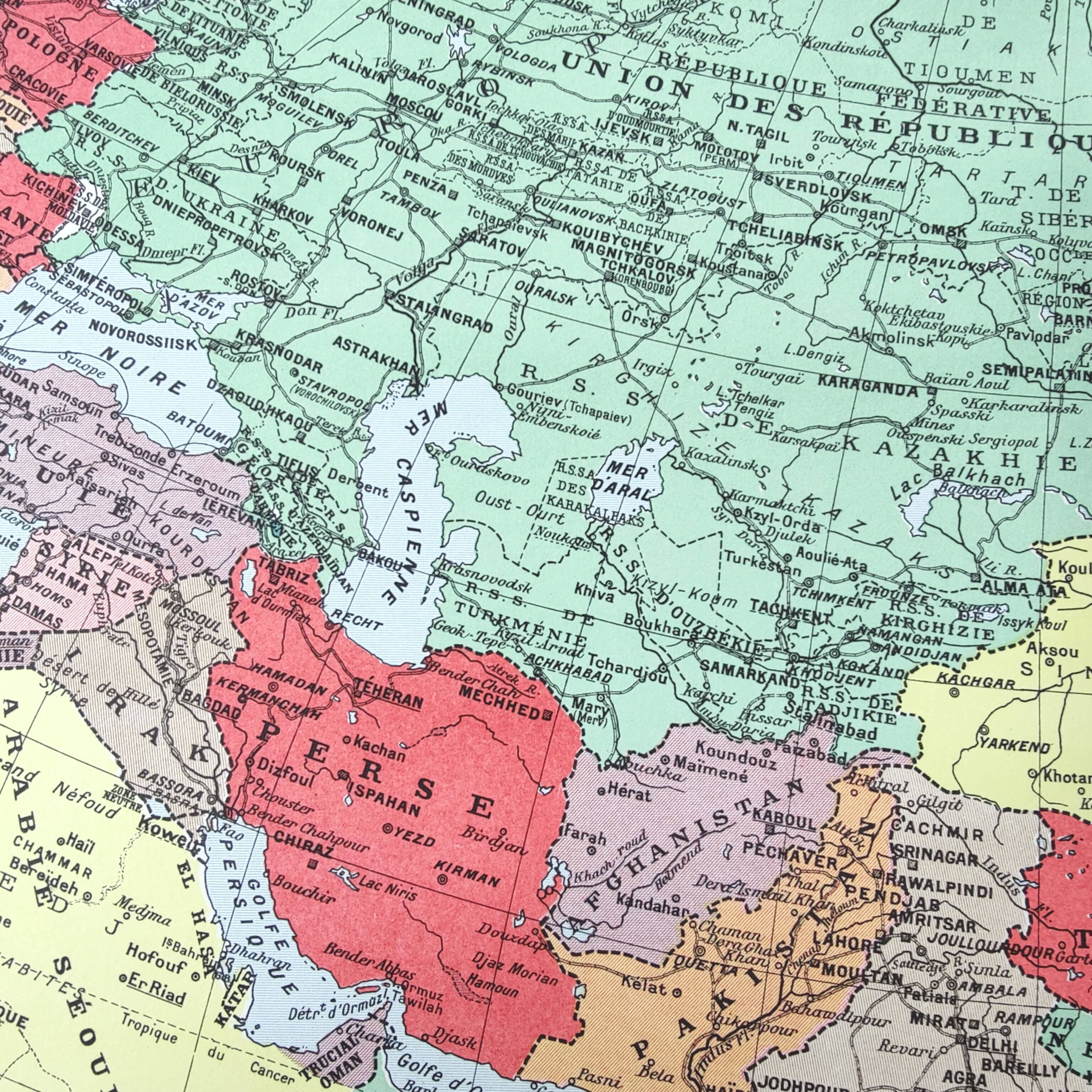 Vintage map Asia China Japan India USSR 43x43cm from 1950