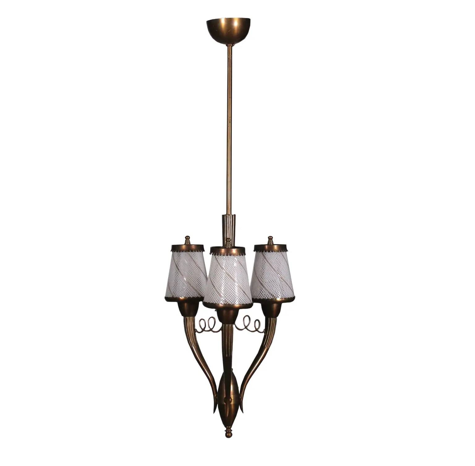 Brass and filigree glass ceiling light, Italian production from the 1940s.
