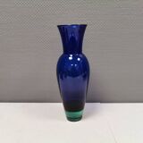 Holmegaard Harlequin Glass vase in blue with thick green base. Designed by Anja Kjær in 1994.
